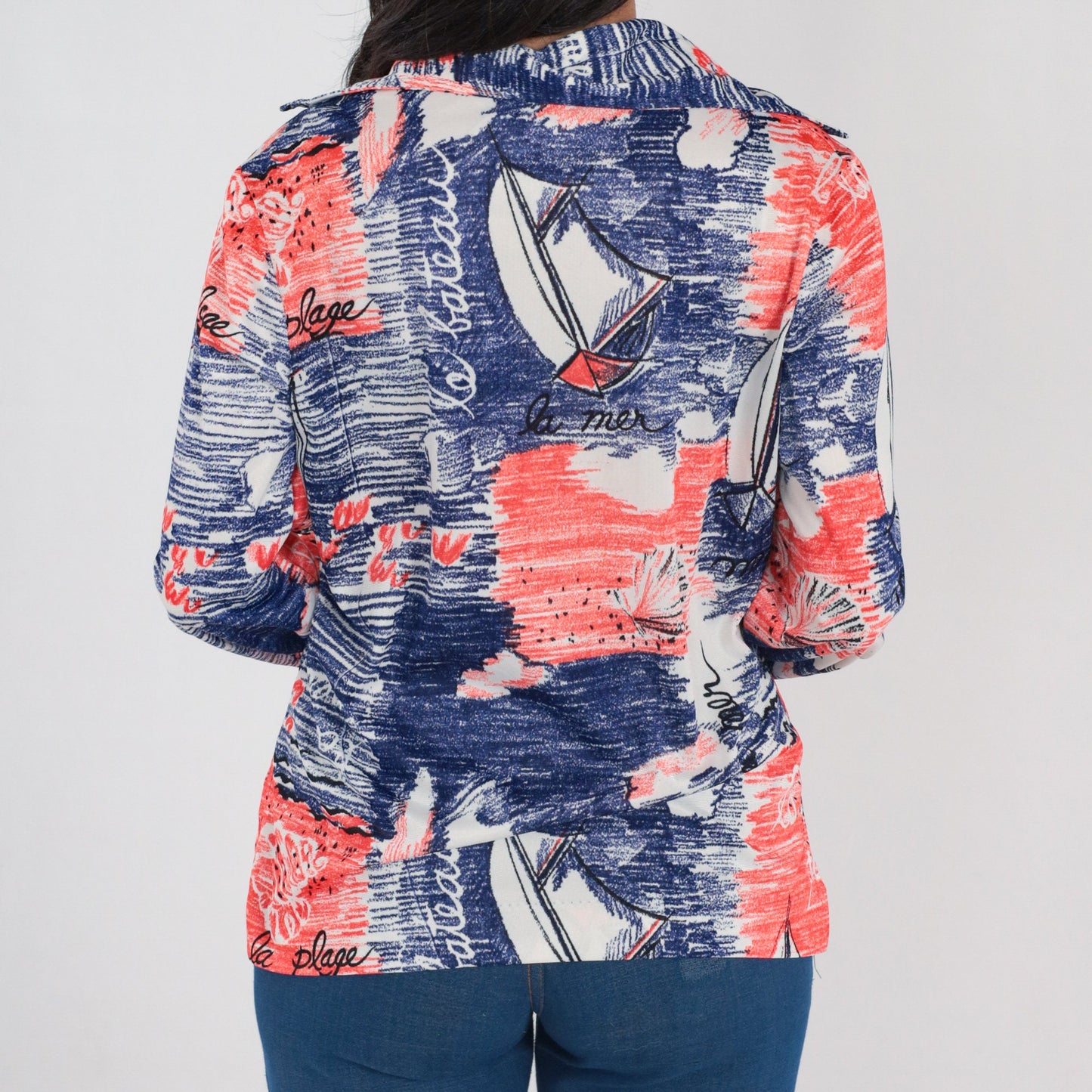 70s French Nautical Sailing Print Button-Up Blouse Red White Blue Medium