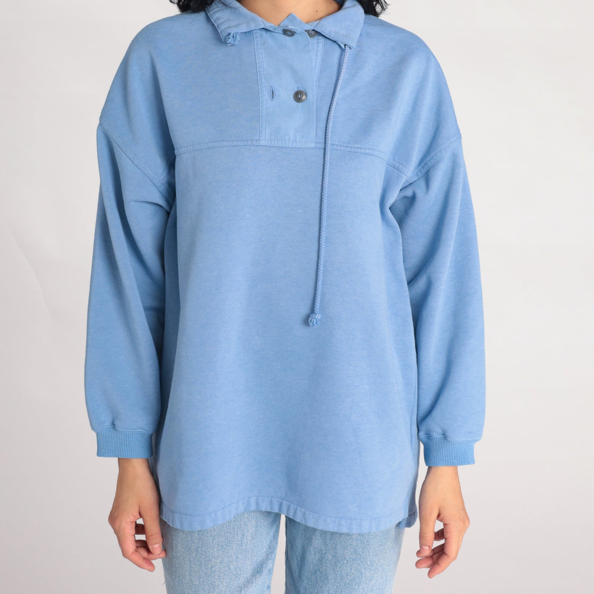 90s Cornflower Blue Sweatshirt Drawstring Neckline Polo Pullover Medium