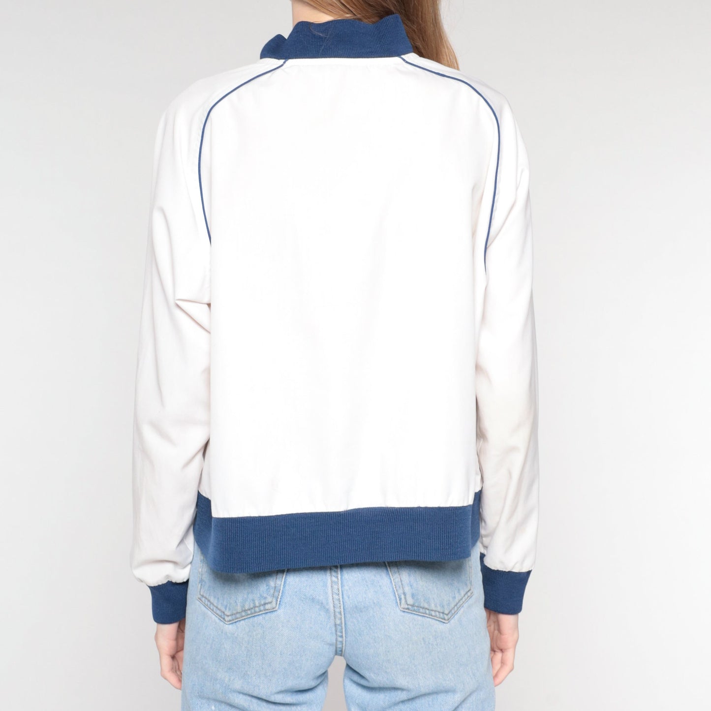 80s White Bomber Jacket Blue Trim Windbreaker Zip Front Large L