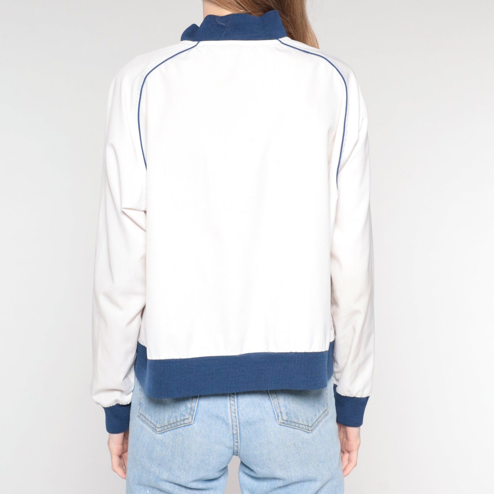 80s White Bomber Jacket Blue Trim Windbreaker Zip Front Large L