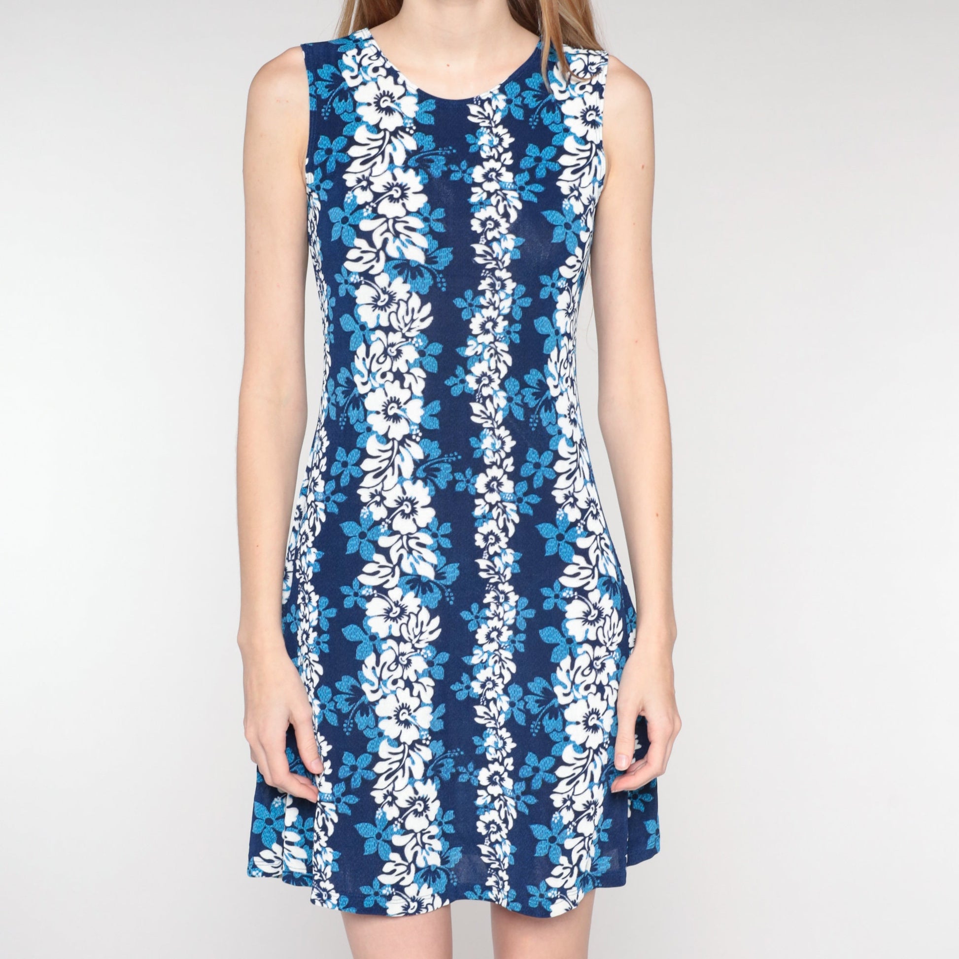 90s Blue Hawaiian Floral Mini Dress Sleeveless Shift Sundress Small