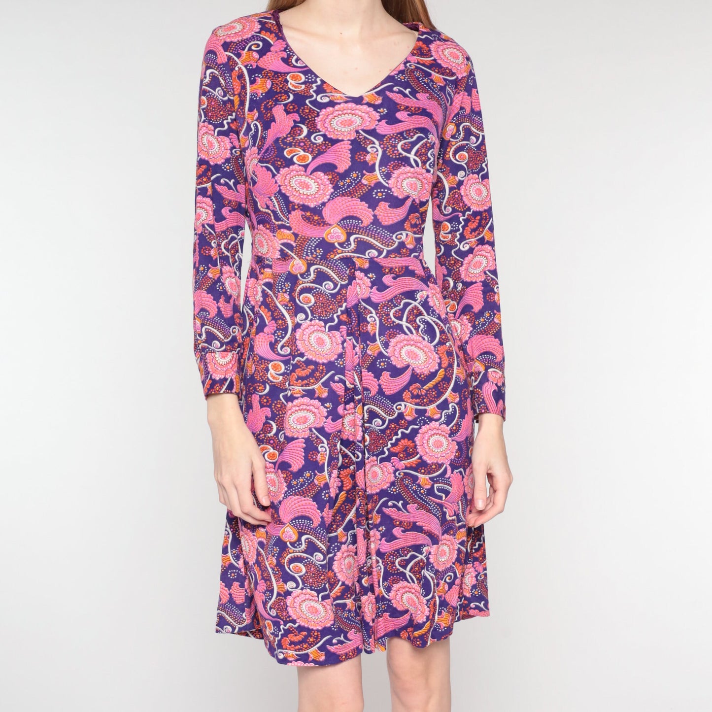 70s Purple Pink Floral Mini Dress Long Sleeve V-Neck Small S