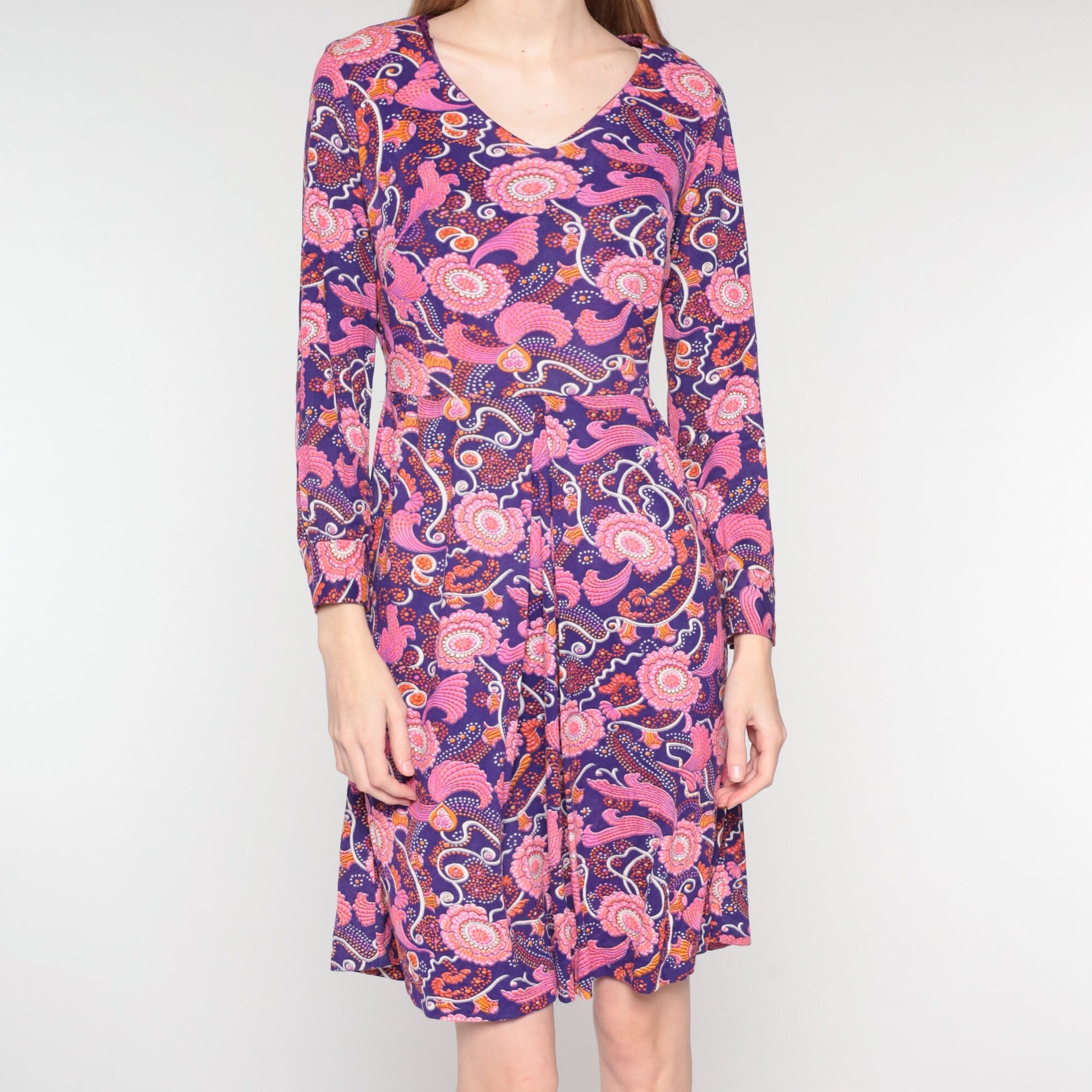 70s Purple Pink Floral Mini Dress Long Sleeve V-Neck Small S
