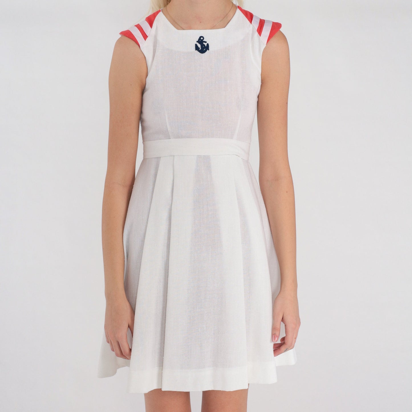 70s Nautical White Mini Dress Anchor Embroidered Red Striped Empire Waist XXS