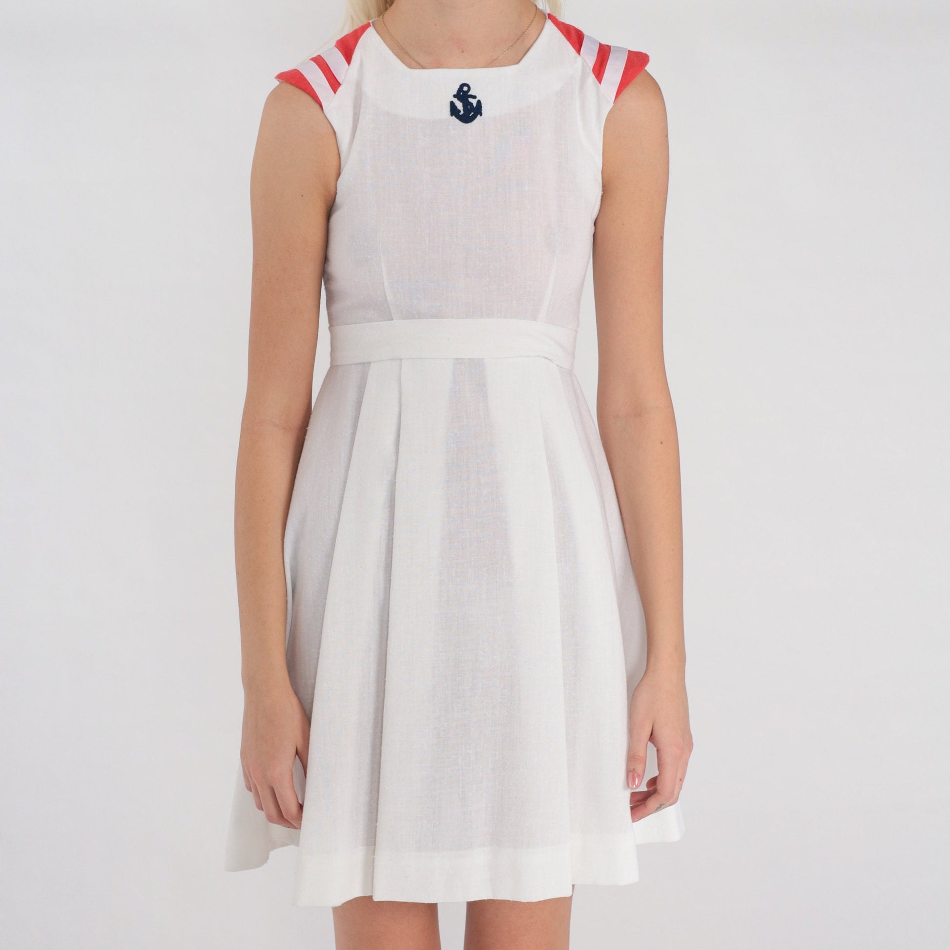70s Nautical White Mini Dress Anchor Embroidered Red Striped Empire Waist XXS
