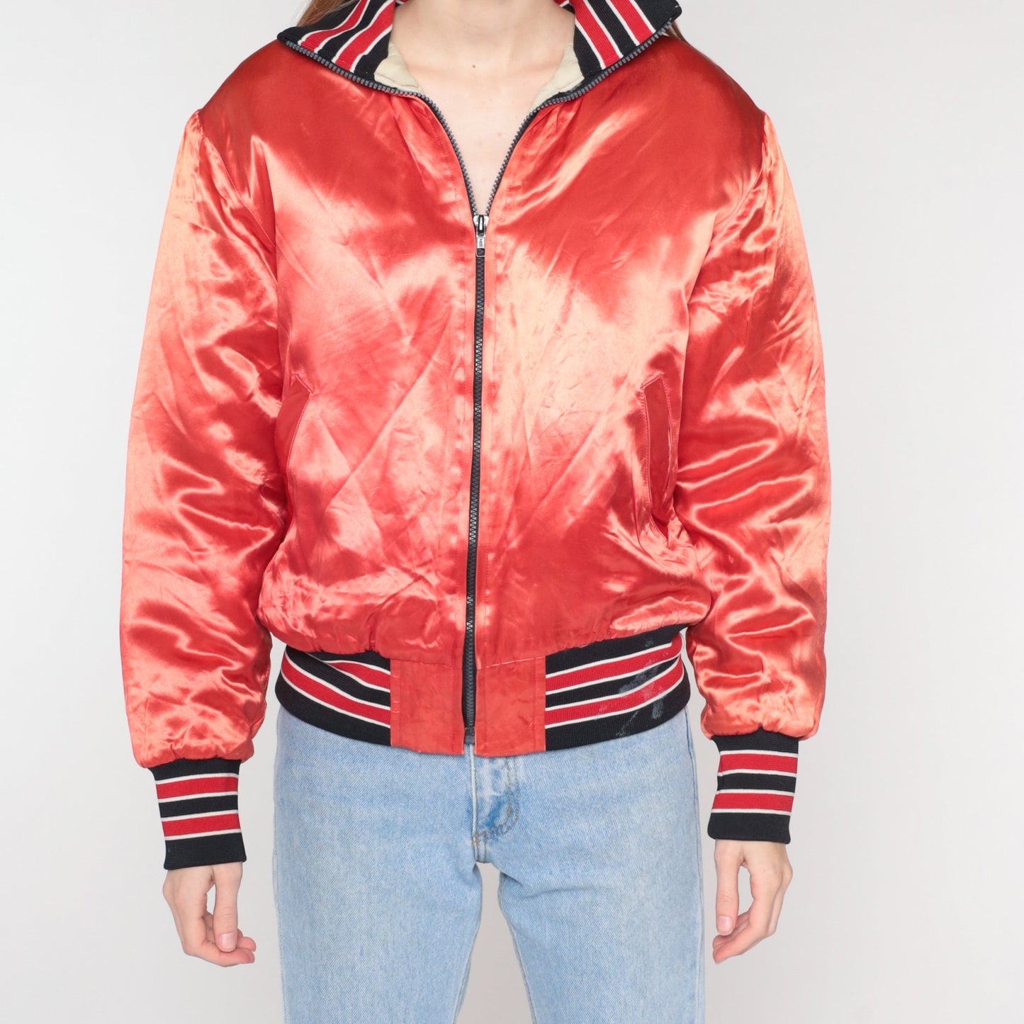 80s Red-Orange Baseball Bomber Jacket Quilted Lining Zip Up Medium
