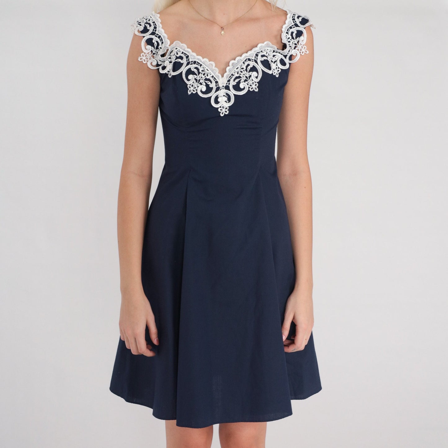 80s Gunne Sax Mini Dress Navy Floral Lace Off-Shoulder Fit Flare XXS