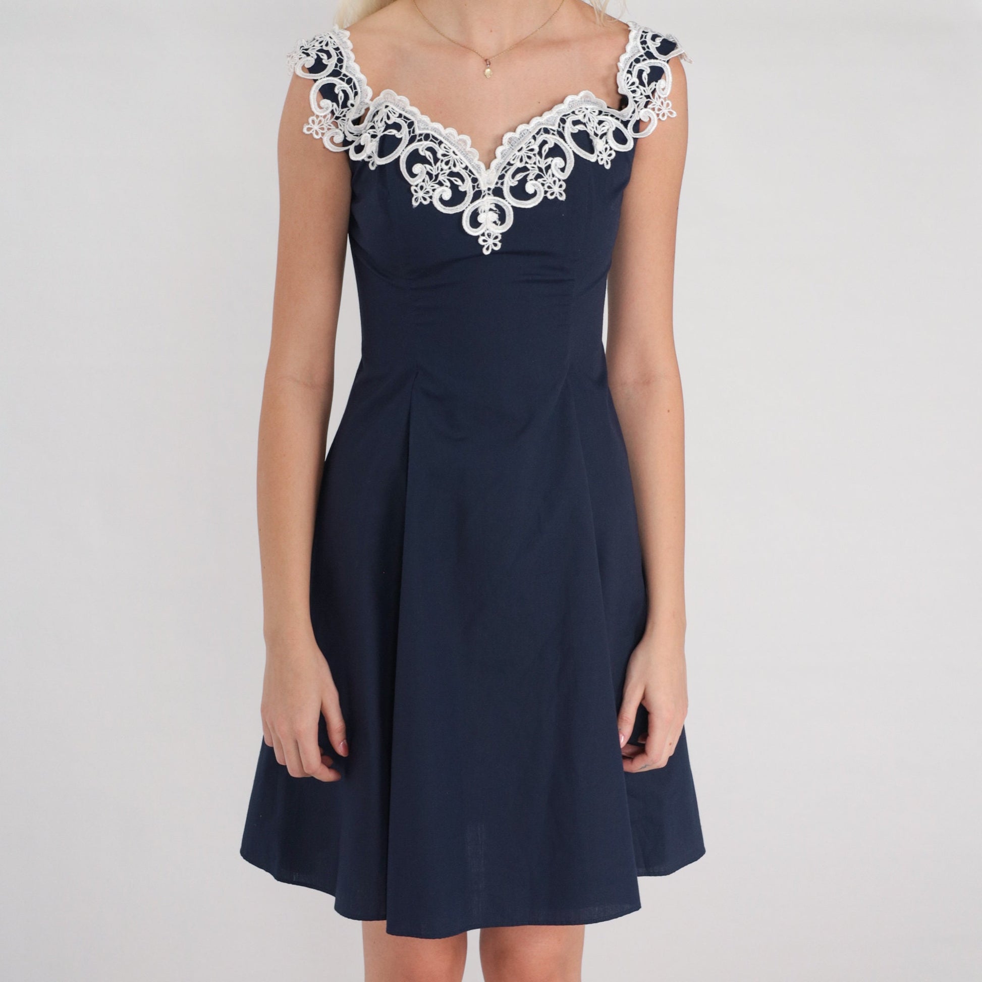 80s Gunne Sax Mini Dress Navy Floral Lace Off-Shoulder Fit Flare XXS