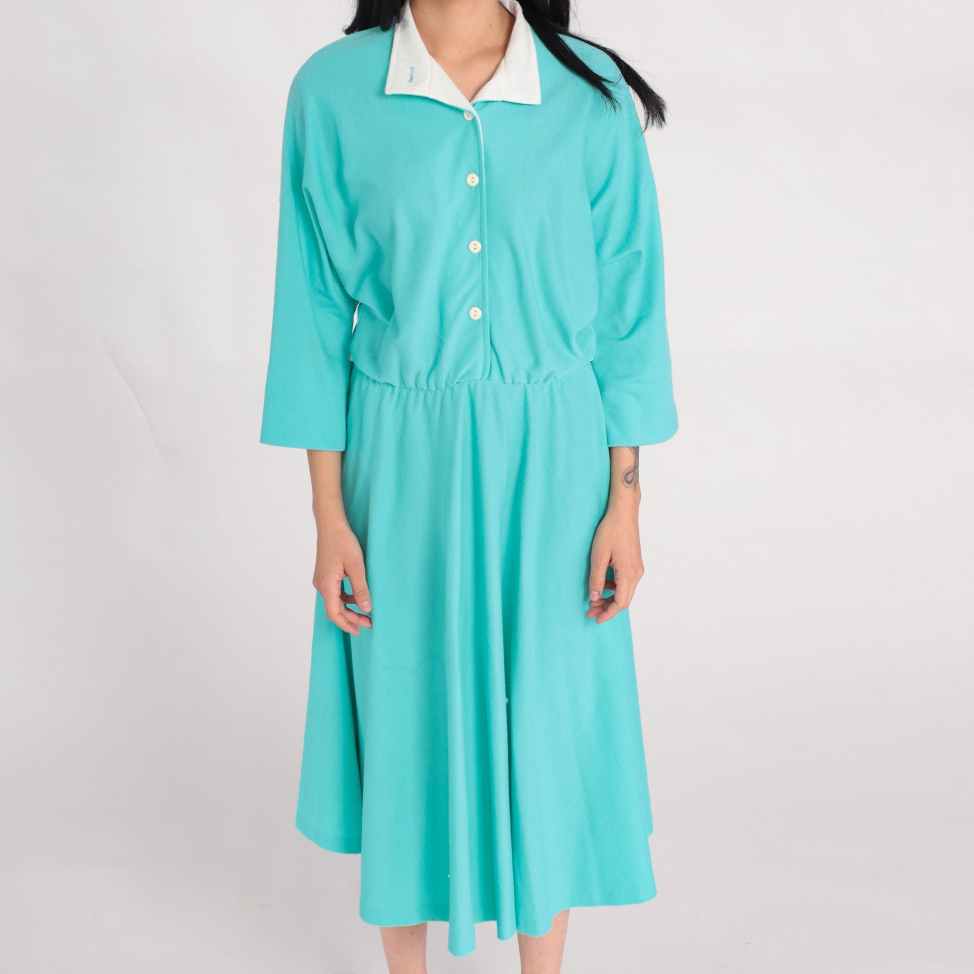 80s Mint Blue Shirtwaist Midi Dress High Waisted Button Up 3/4 Sleeve Large