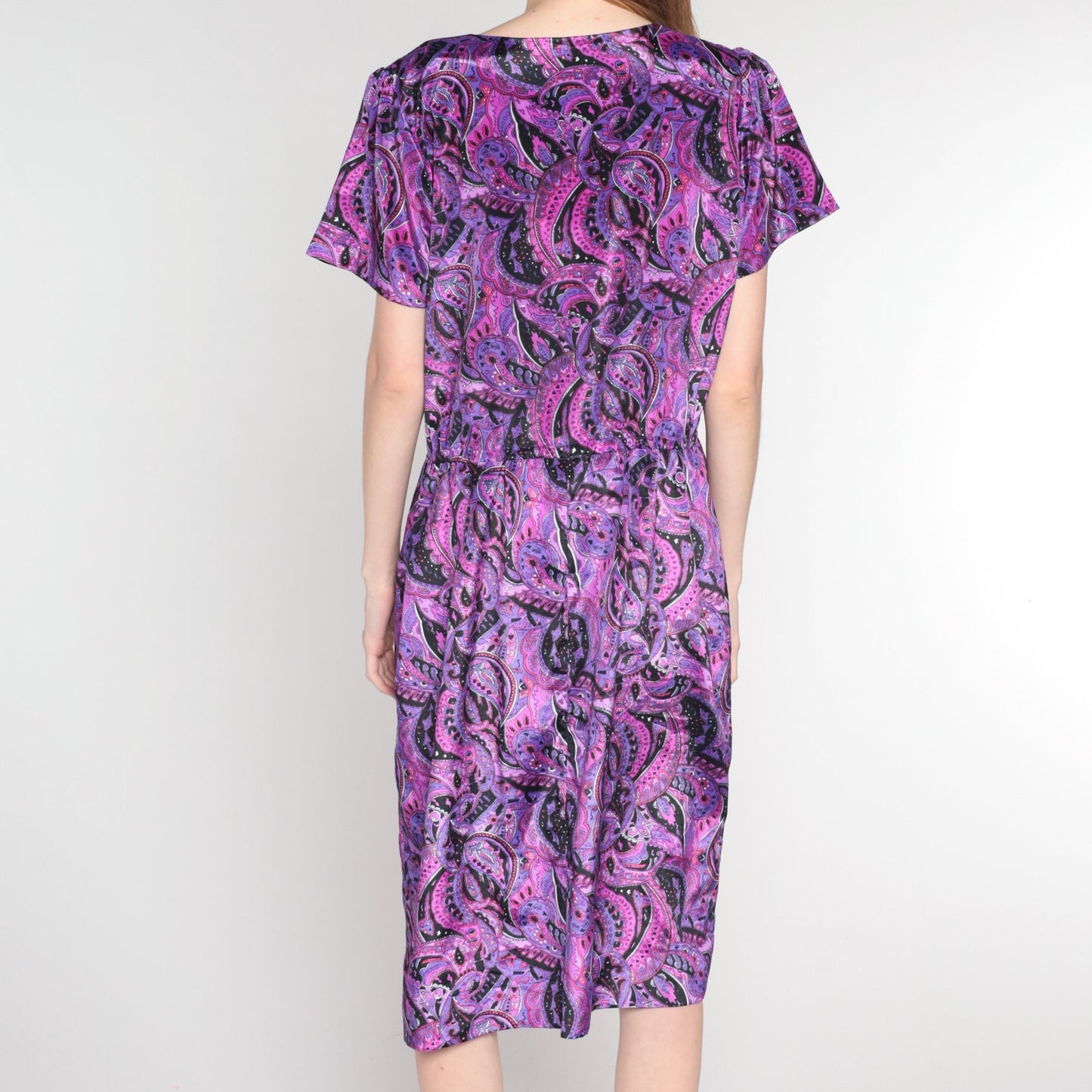 60s Paisley Shirtwaist Midi Dress Purple Pink Black Button-Up Medium Large