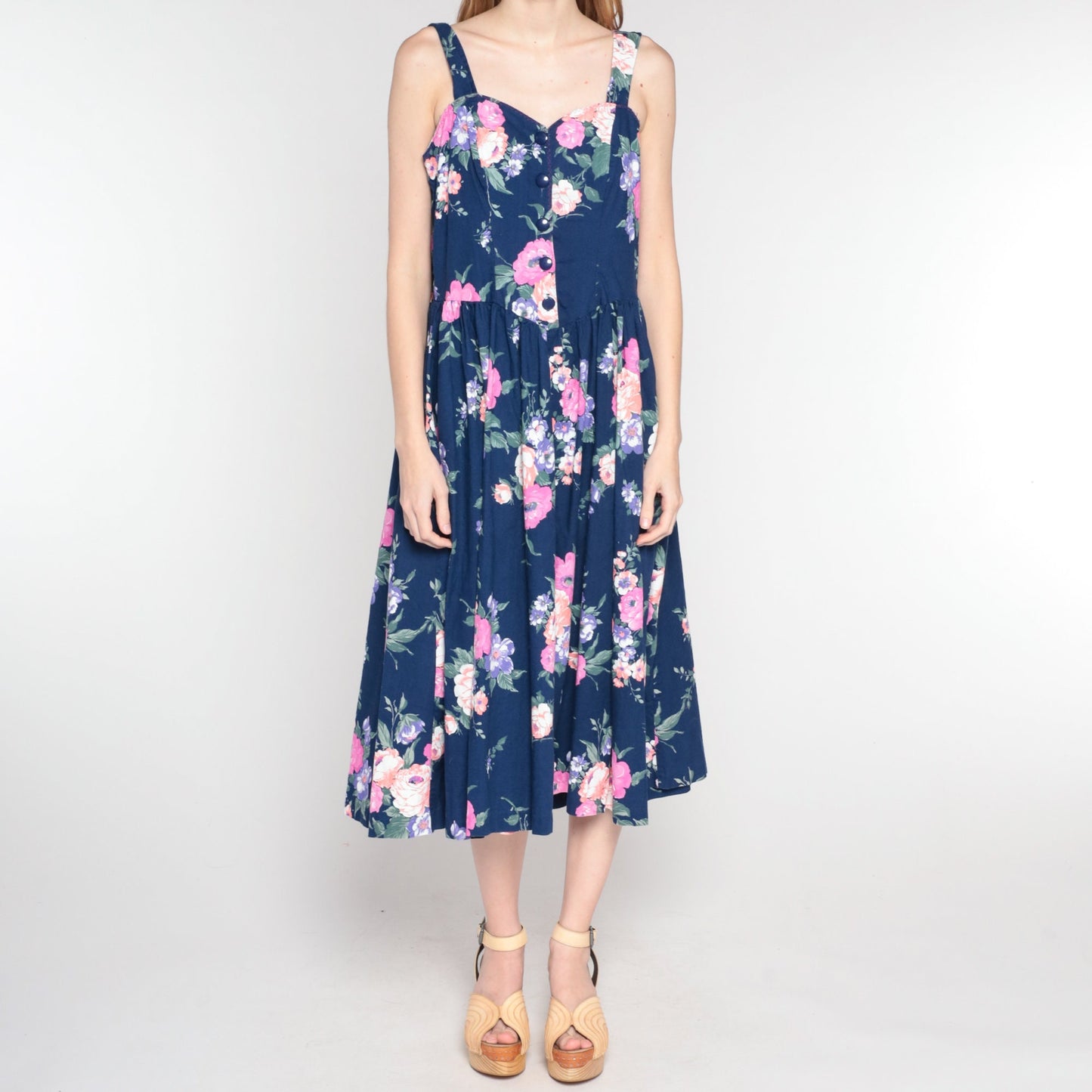 80s Navy Floral Midi Dress Sweetheart Neckline Button Front Sleeveless Medium M
