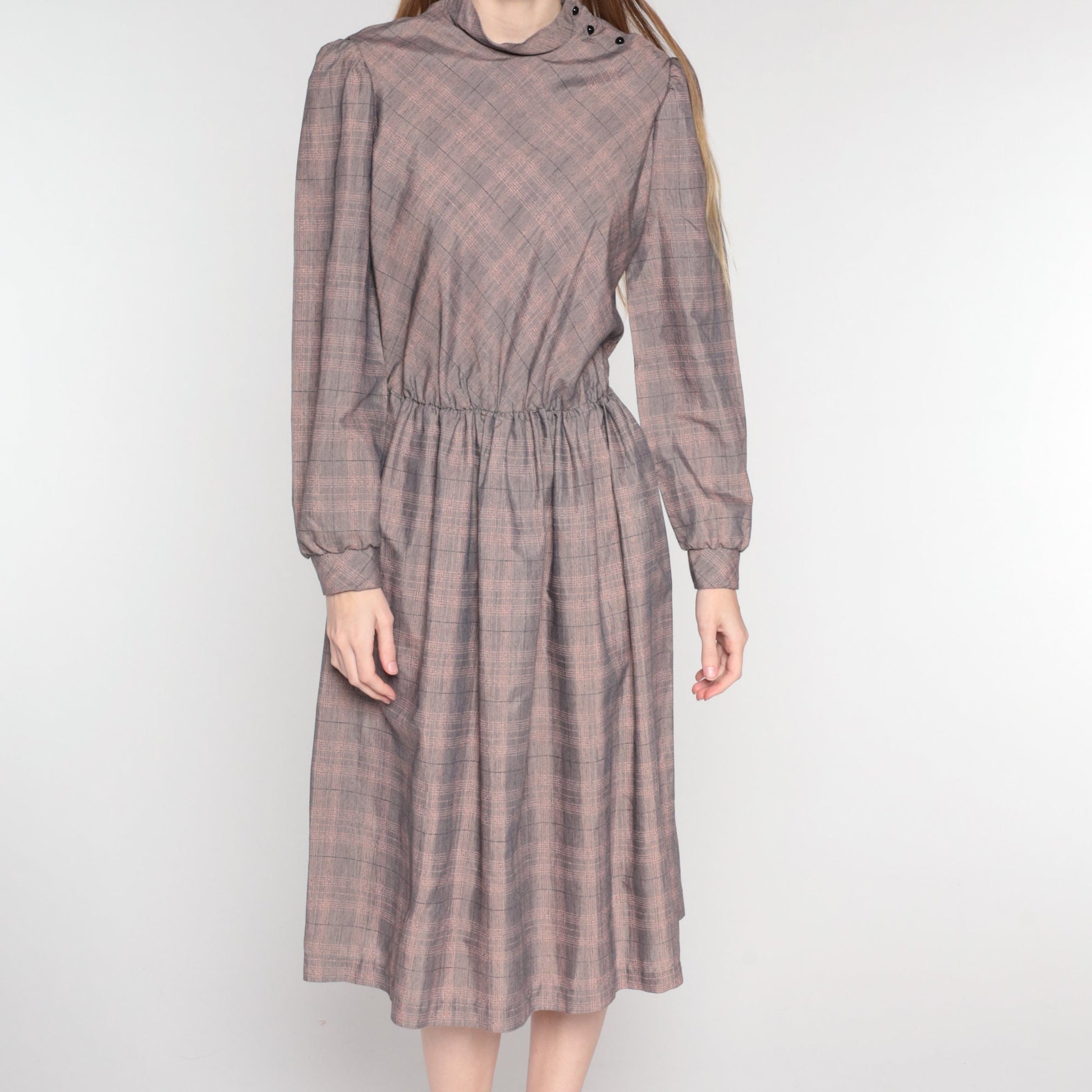 80s Grey Plaid Midi Dress Mock Neck Long Sleeve High Waist Small Medium