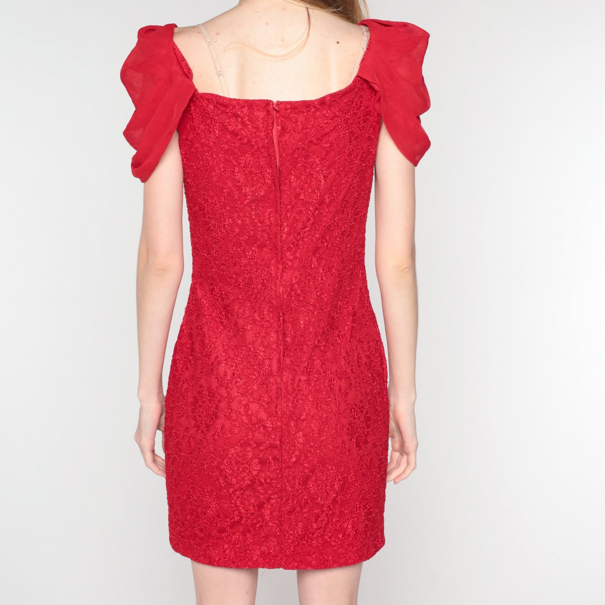 90s Red Lace Mini Dress Sheath Draped Sleeve Cocktail Extra Small