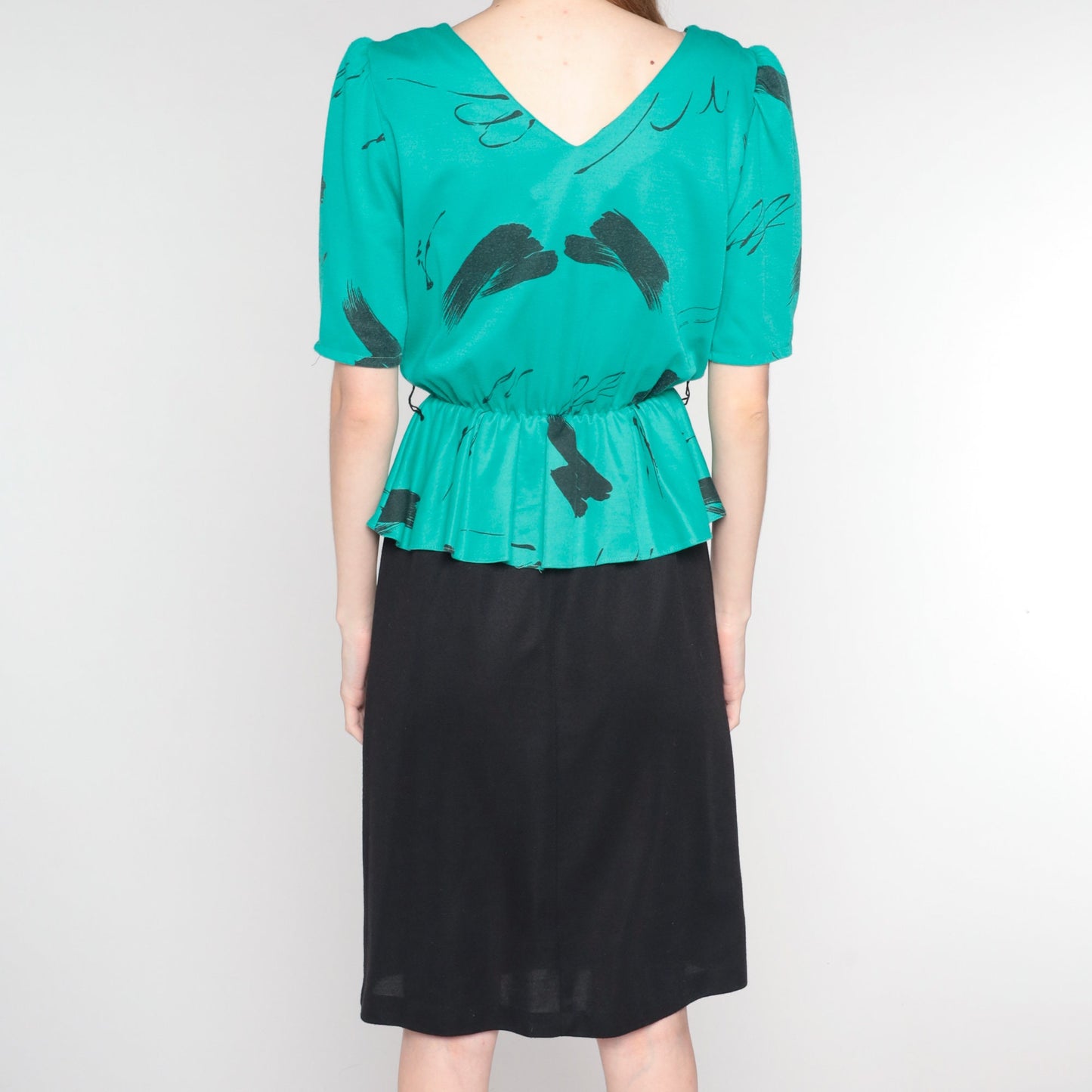 80s Peplum Midi Dress Black Green Brushstroke Print Puff Sleeve Small
