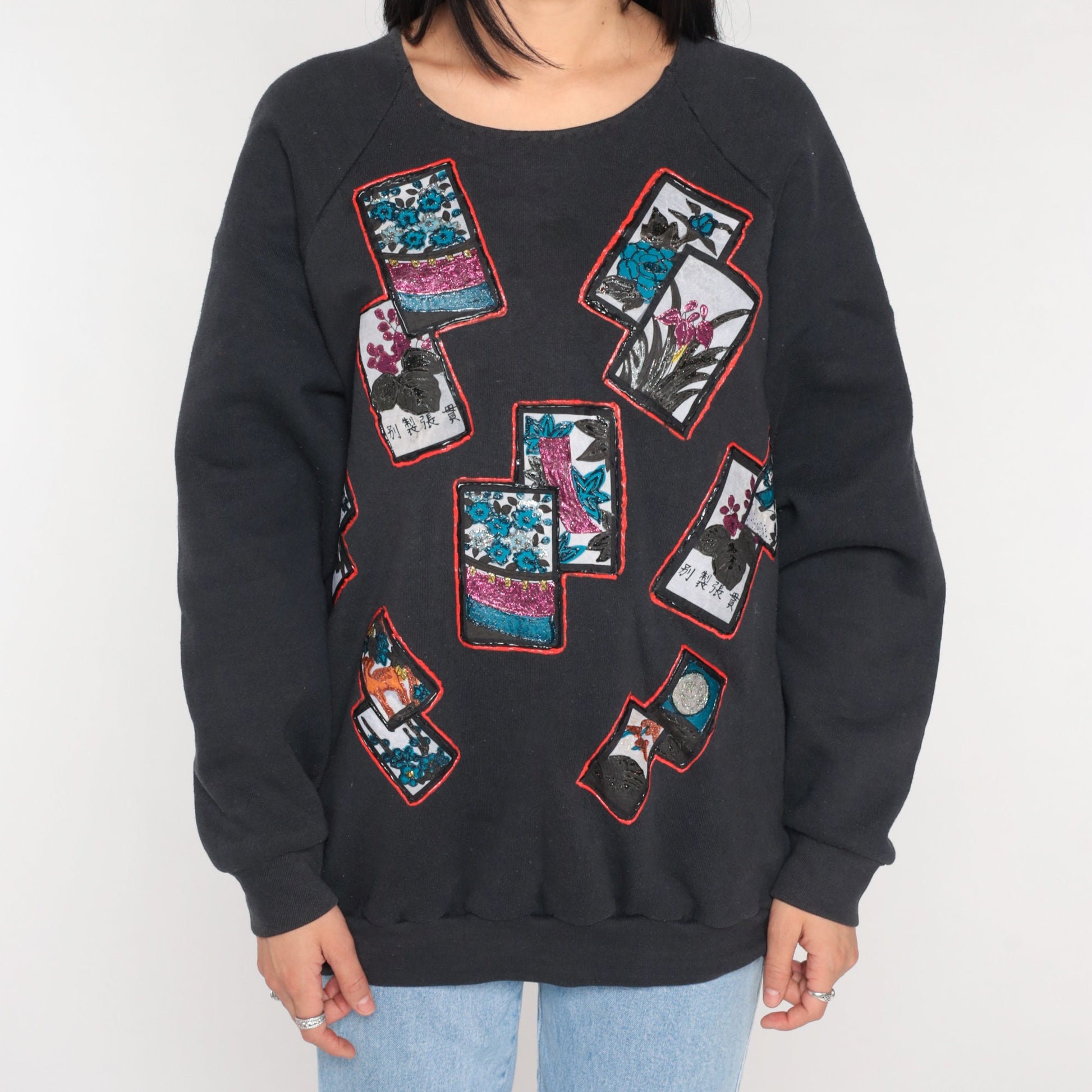 90s Glitter Floral Sweatshirt Black Asian Postcard Graphic Crewneck Extra Large XXL