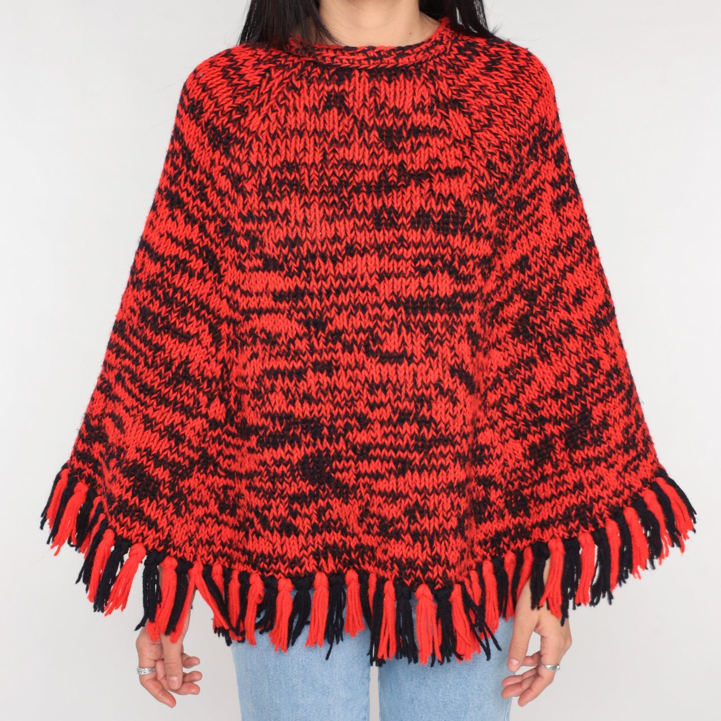 70s Red Black Space Dye Knit Poncho Fringe Shawl Cape