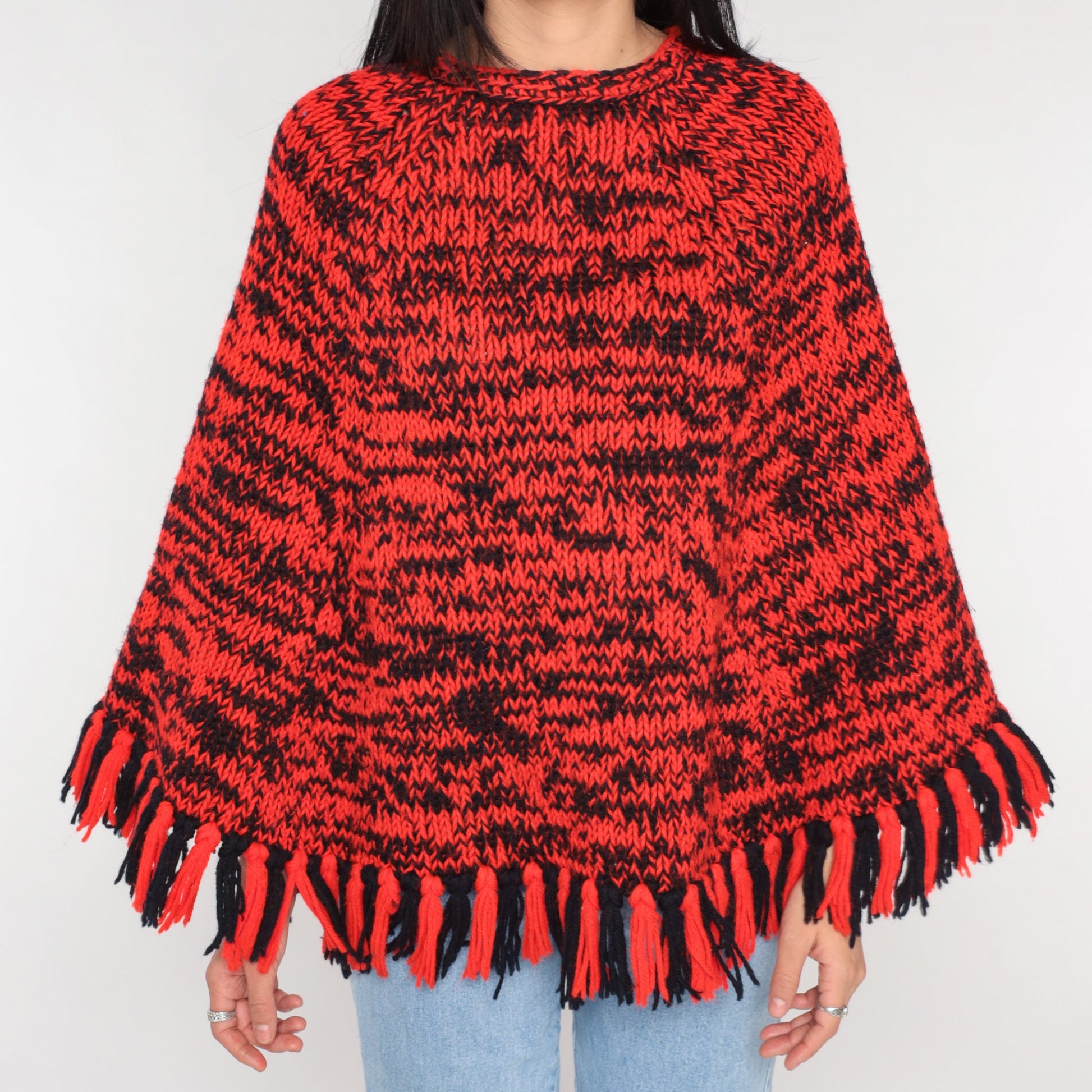 70s Red Black Space Dye Knit Poncho Fringe Shawl Cape