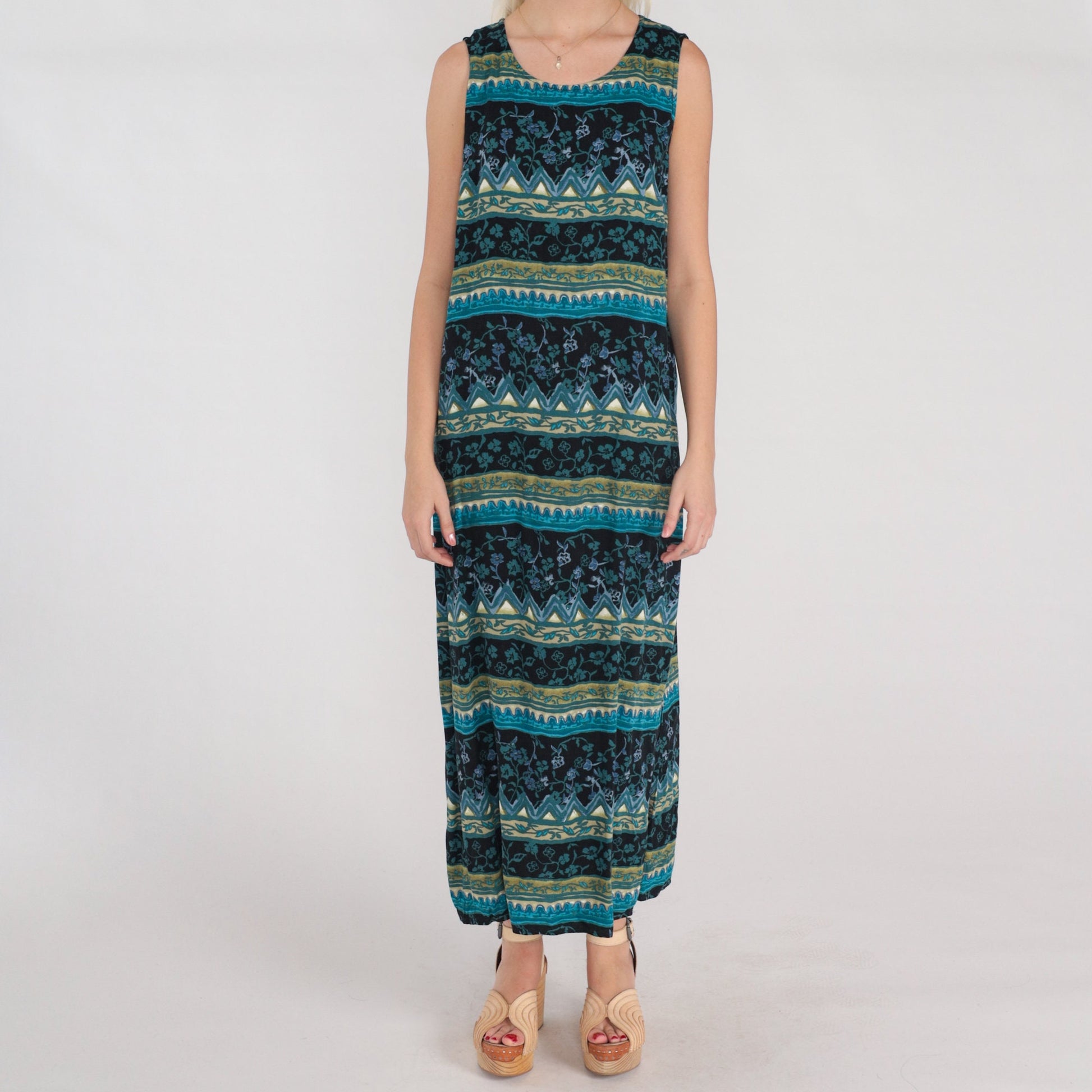 Y2K Striped Floral Maxi Dress Sleeveless Shift Black Blue Side Slit Large L