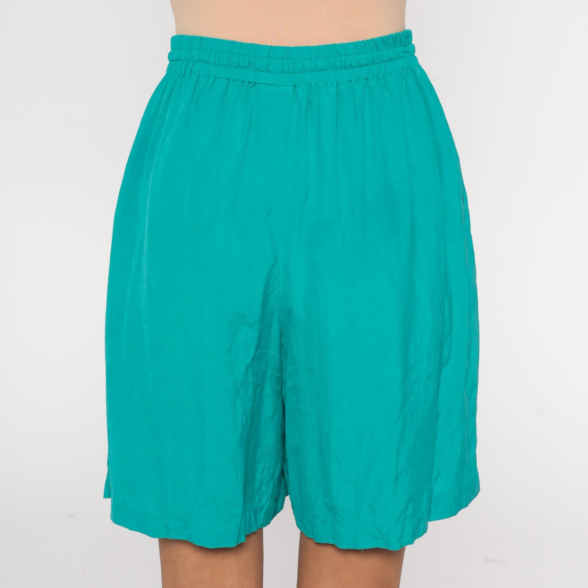 90s Clio Green Silk Shorts High Waist Baggy Pockets Medium M
