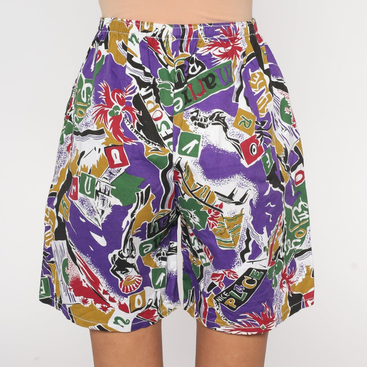 80s Tropical Print Shorts Purple High-Waist Elastic Waist Small Medium
