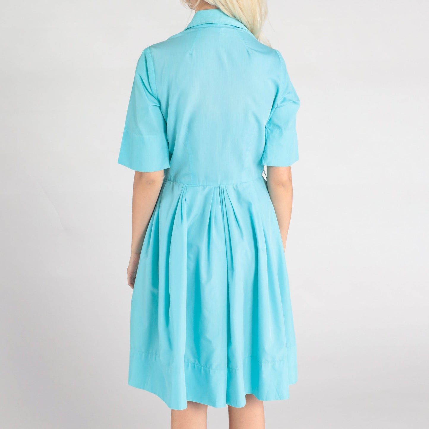60s Robin's Egg Blue Cotton Midi Shirtdress Button-Up Pleated Small
