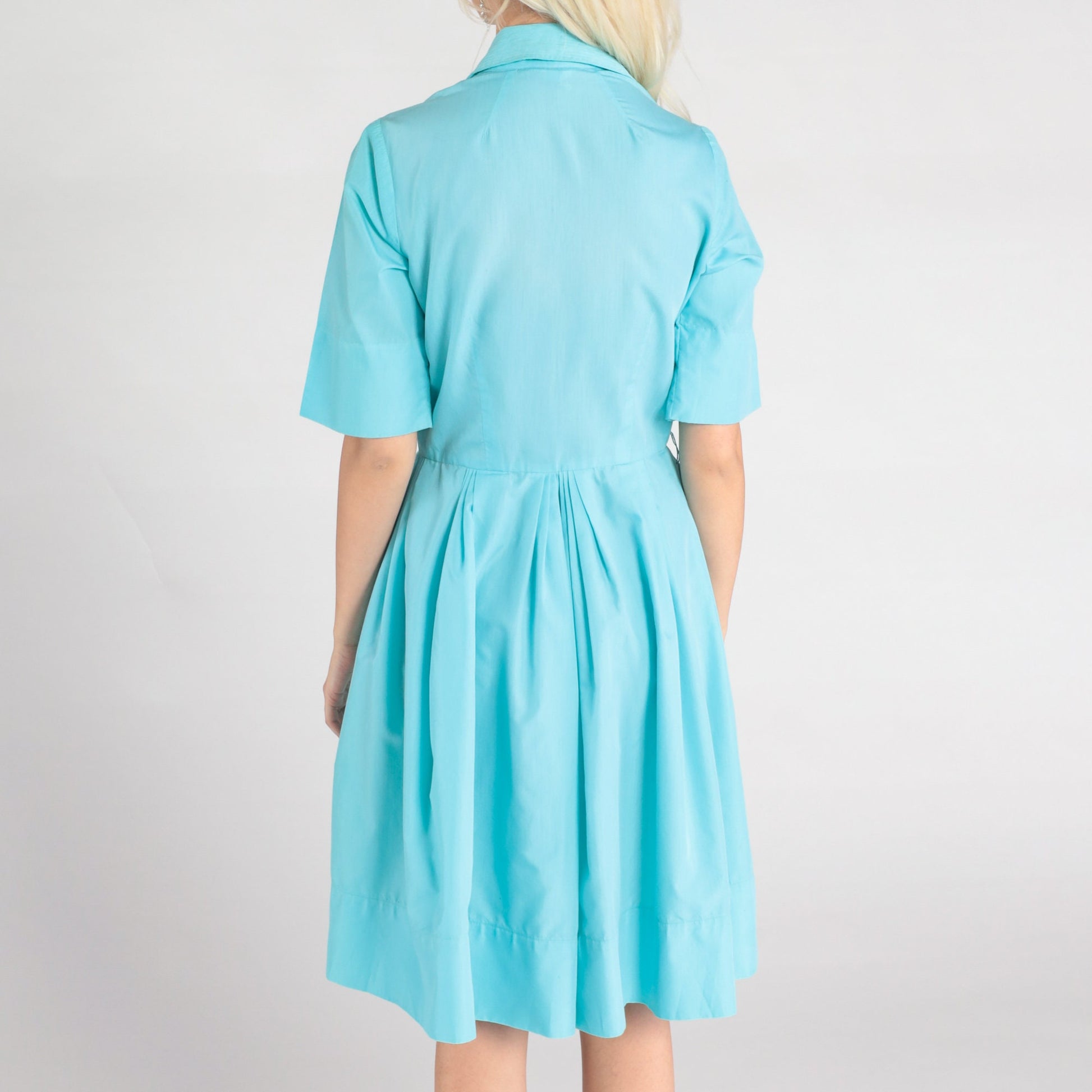 60s Robin's Egg Blue Cotton Midi Shirtdress Button-Up Pleated Small