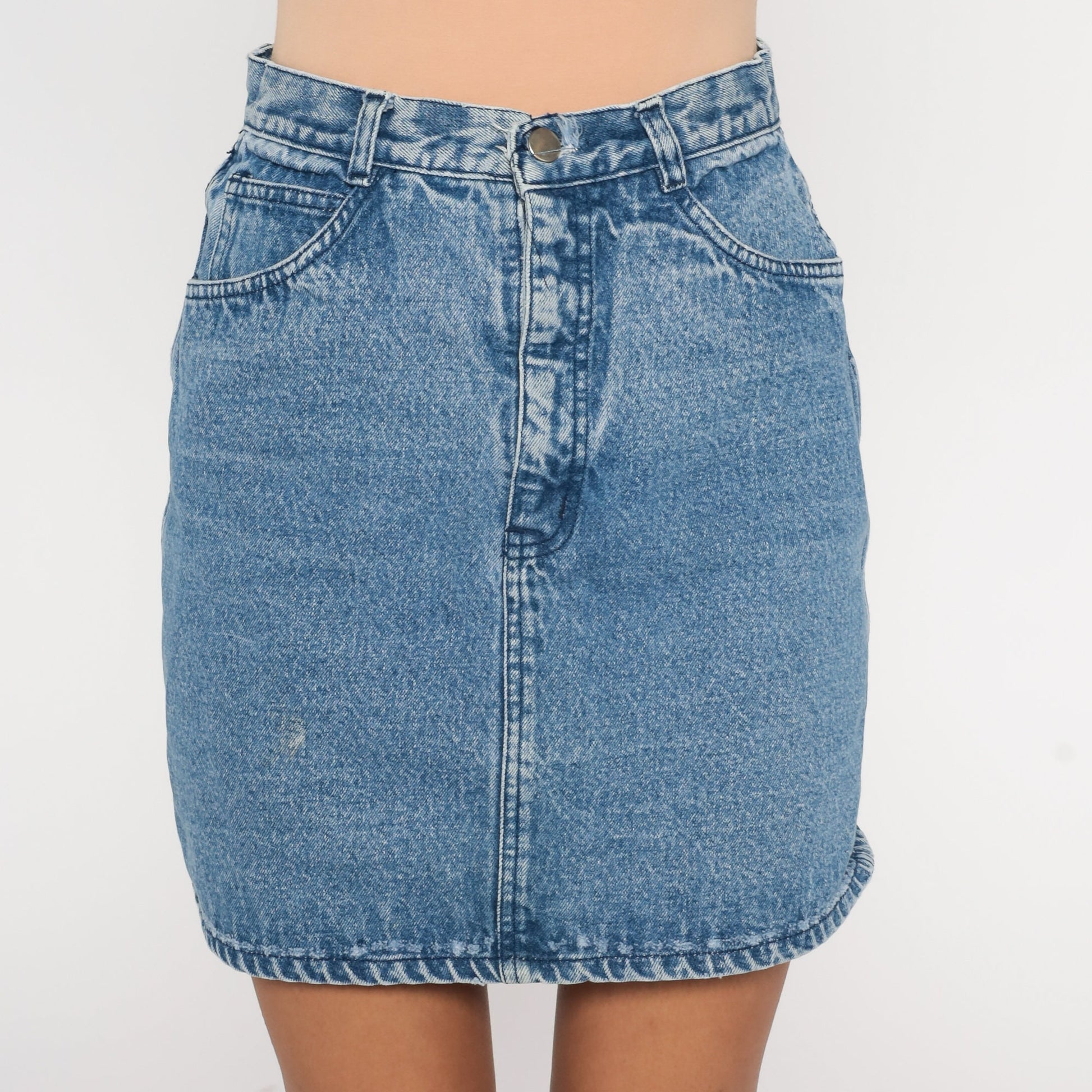 90s Blue Denim Mini Skirt High Waist Pencil Cut Small