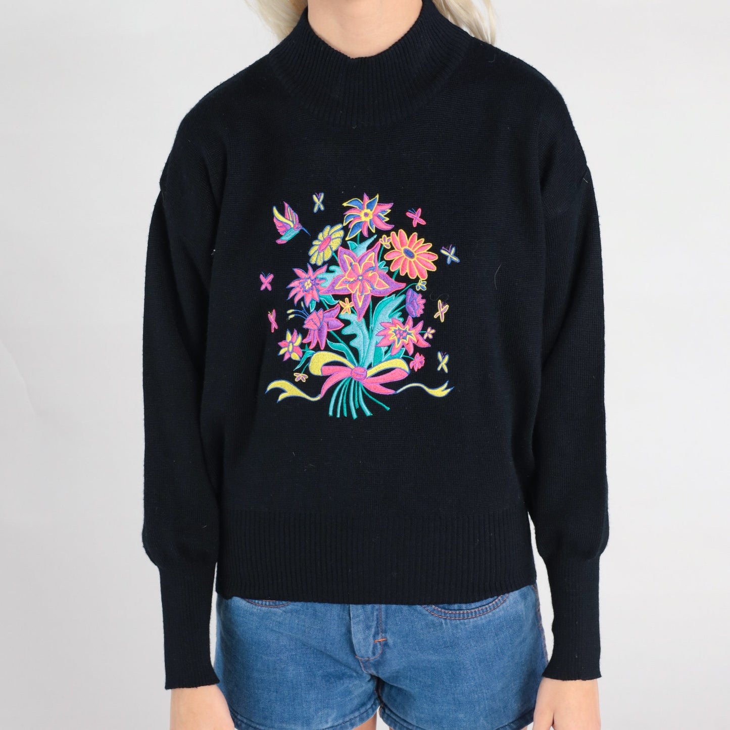 80s Meister Wool Embroidered Floral Mock Neck Sweater Black Small
