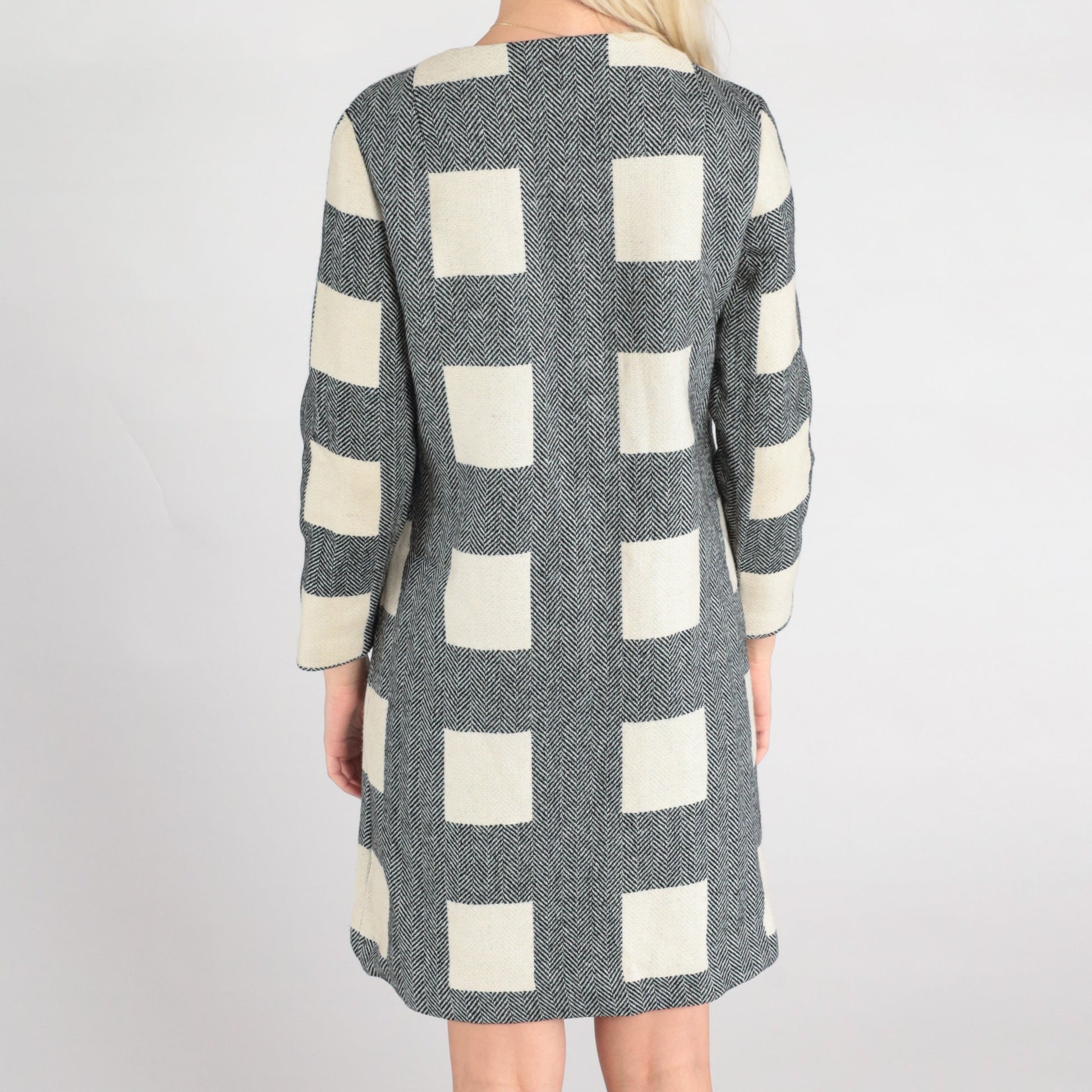 60s Wool Herringbone Mod Jacket Black White Open Front Extra Small