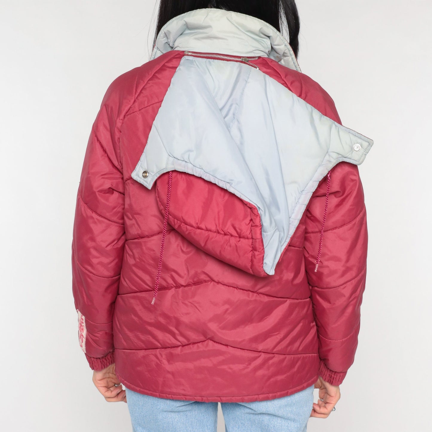 80s Red Puffer Ski Jacket Detachable Hood Nylon Puffy Coat Small