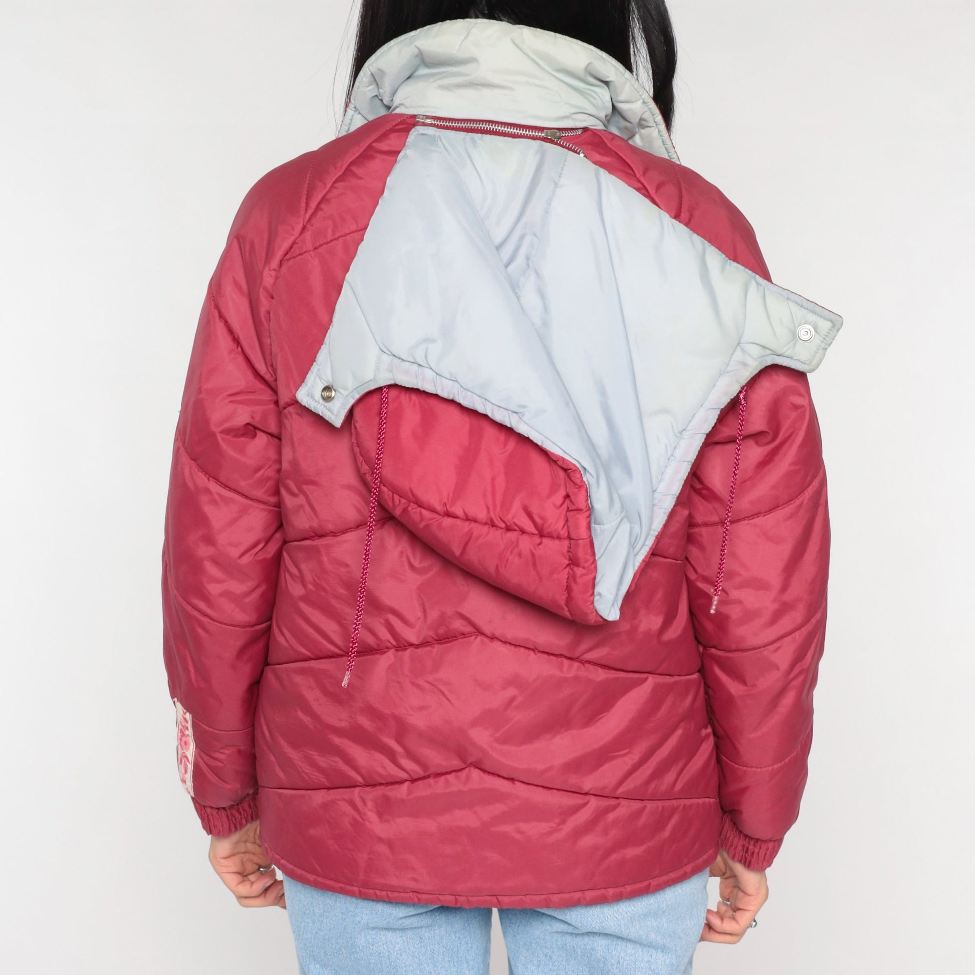 80s Red Puffer Ski Jacket Detachable Hood Nylon Puffy Coat Small
