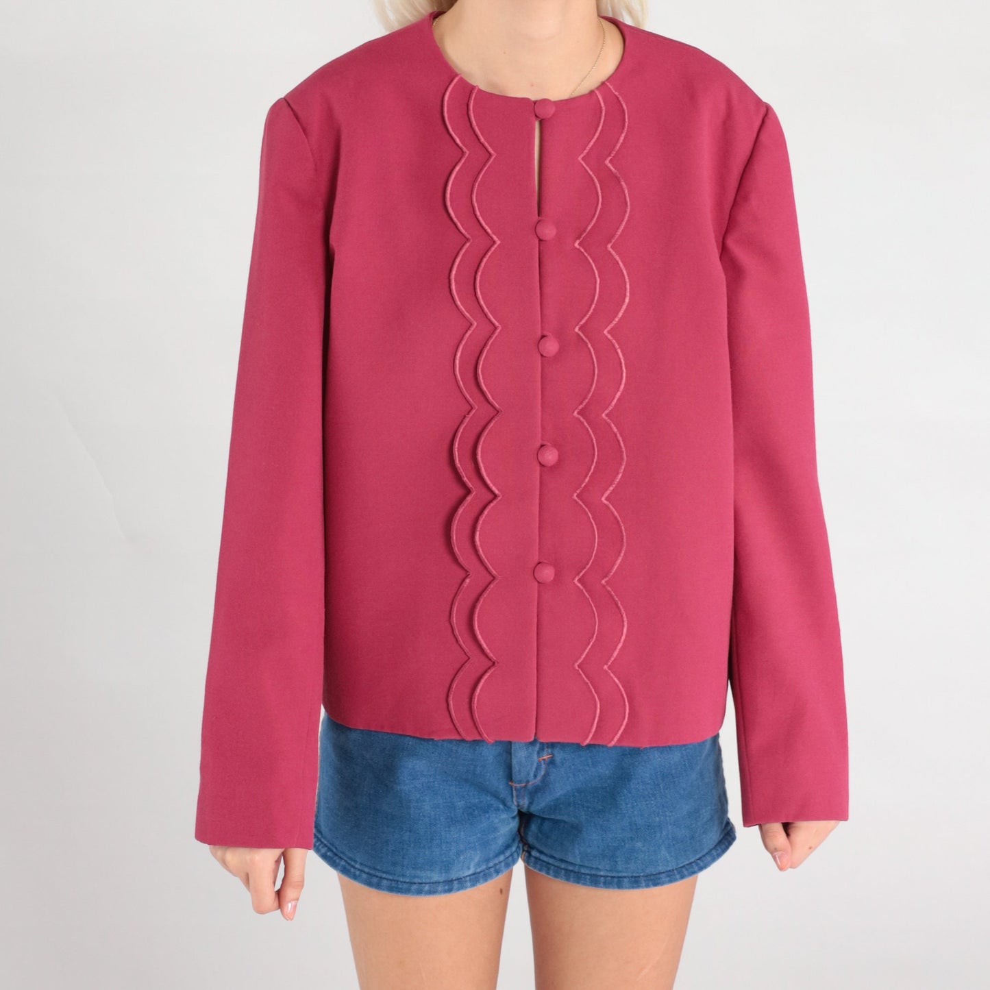 80s Raspberry Pink Scalloped Blazer Button-Up Jacket Women Large L