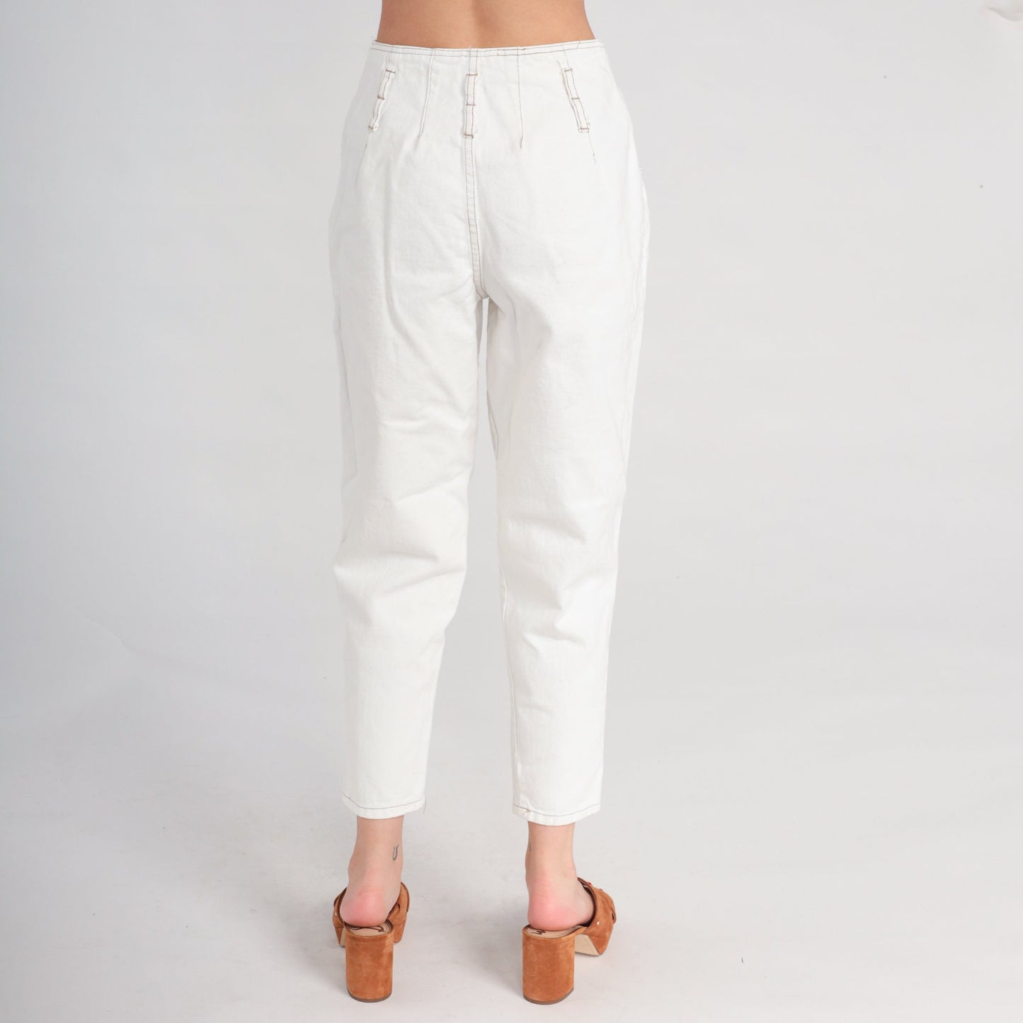 80s Pleated White Denim Jeans High Waist Tapered Cotton Small