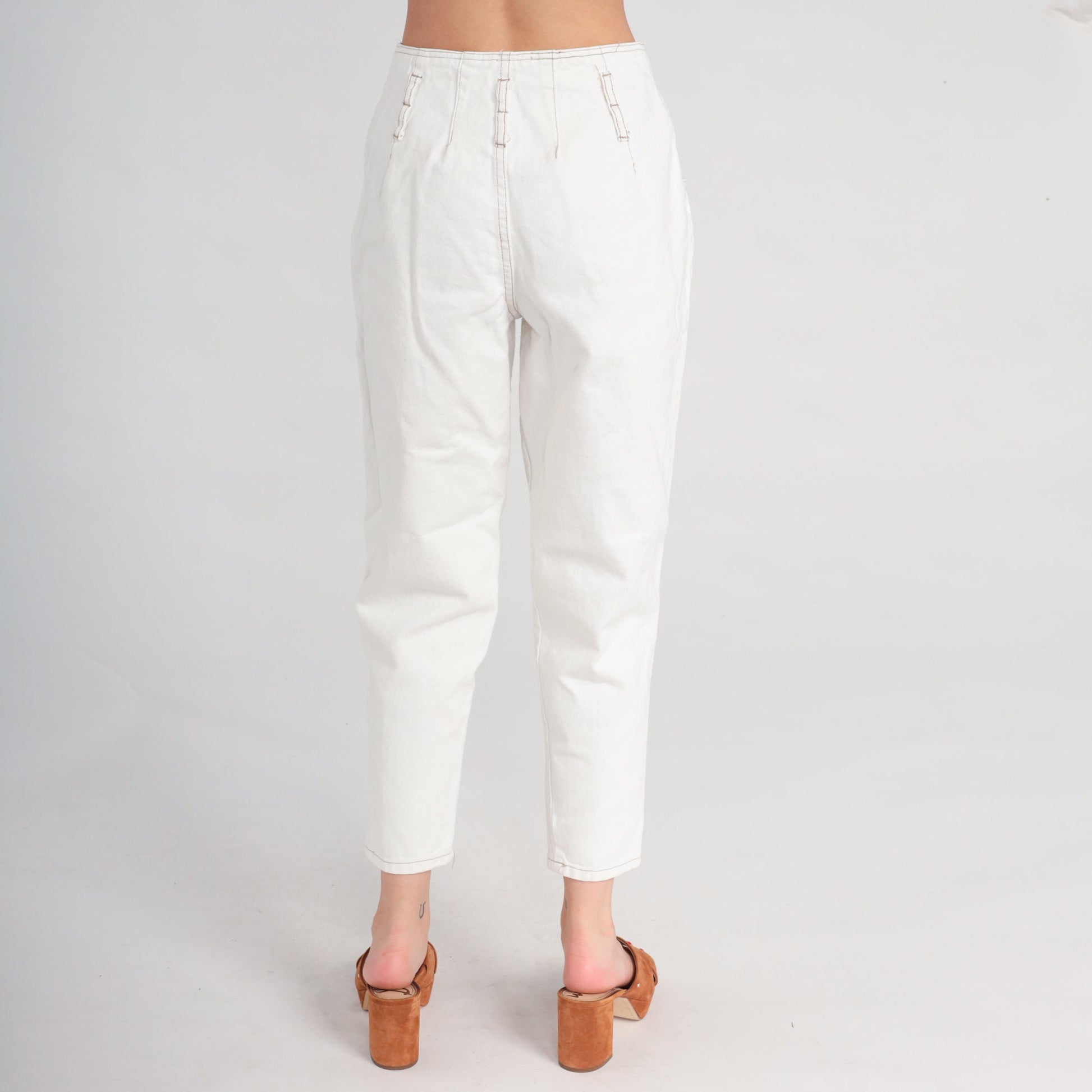 80s Pleated White Denim Jeans High Waist Tapered Cotton Small