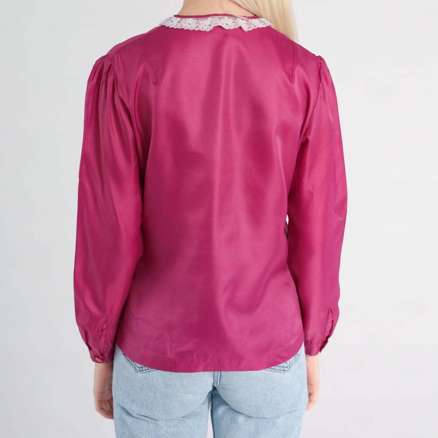 80s Raspberry Pink Puff Sleeve Button-Up Blouse Lace Collar Small