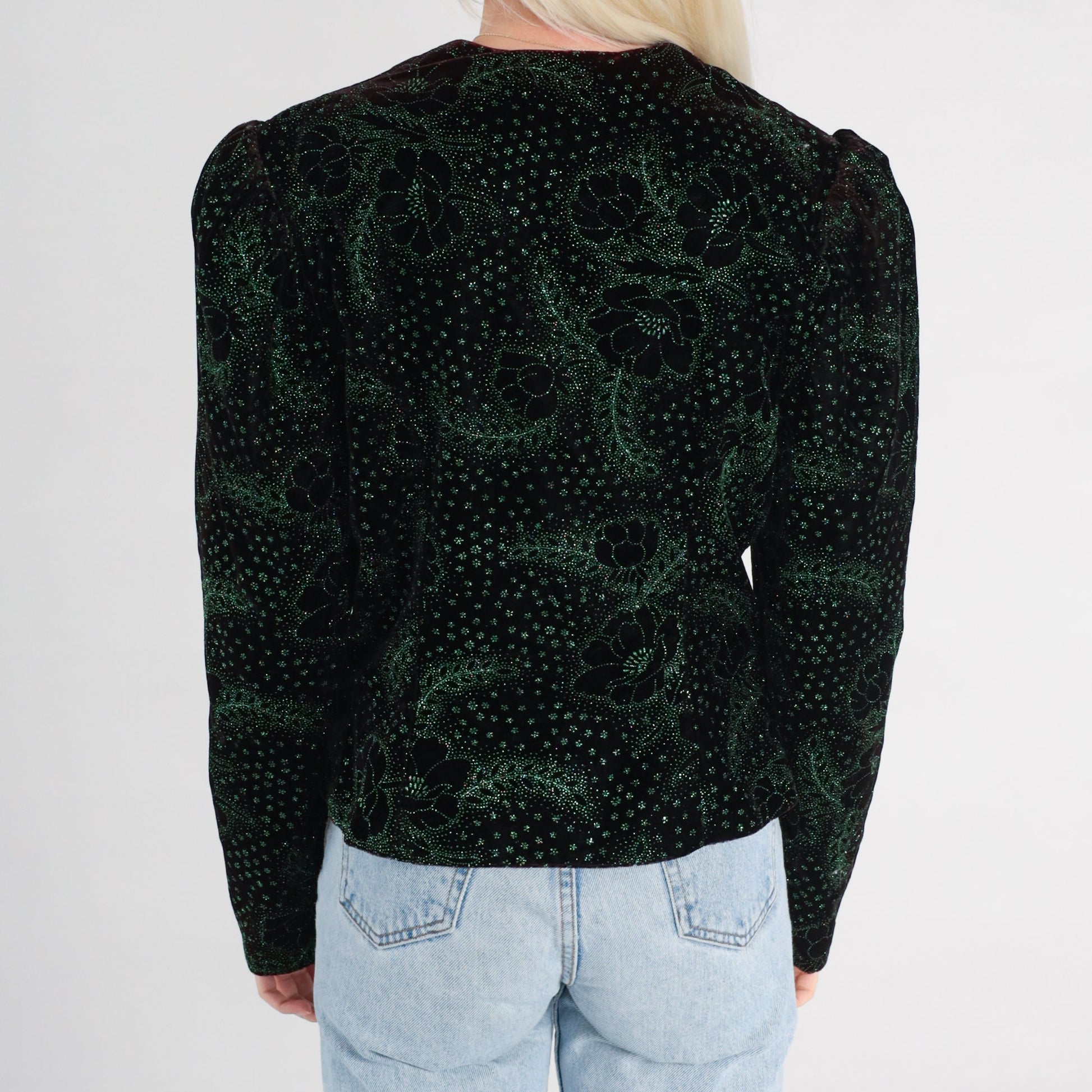 80s Gunne Sax Velvet Blouse Black Sparkly Green Floral Puff Sleeve Medium