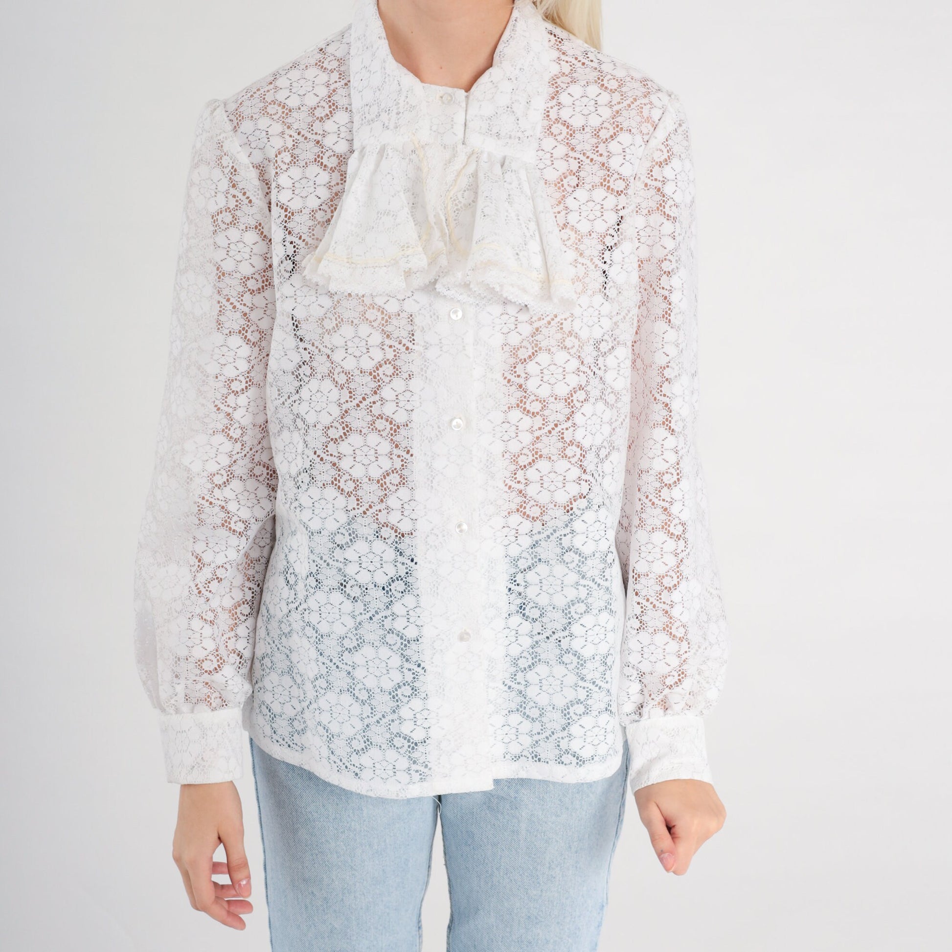 70s White Lace Jabot Blouse Long Sleeve Button Up Tuxedo Shirt Medium