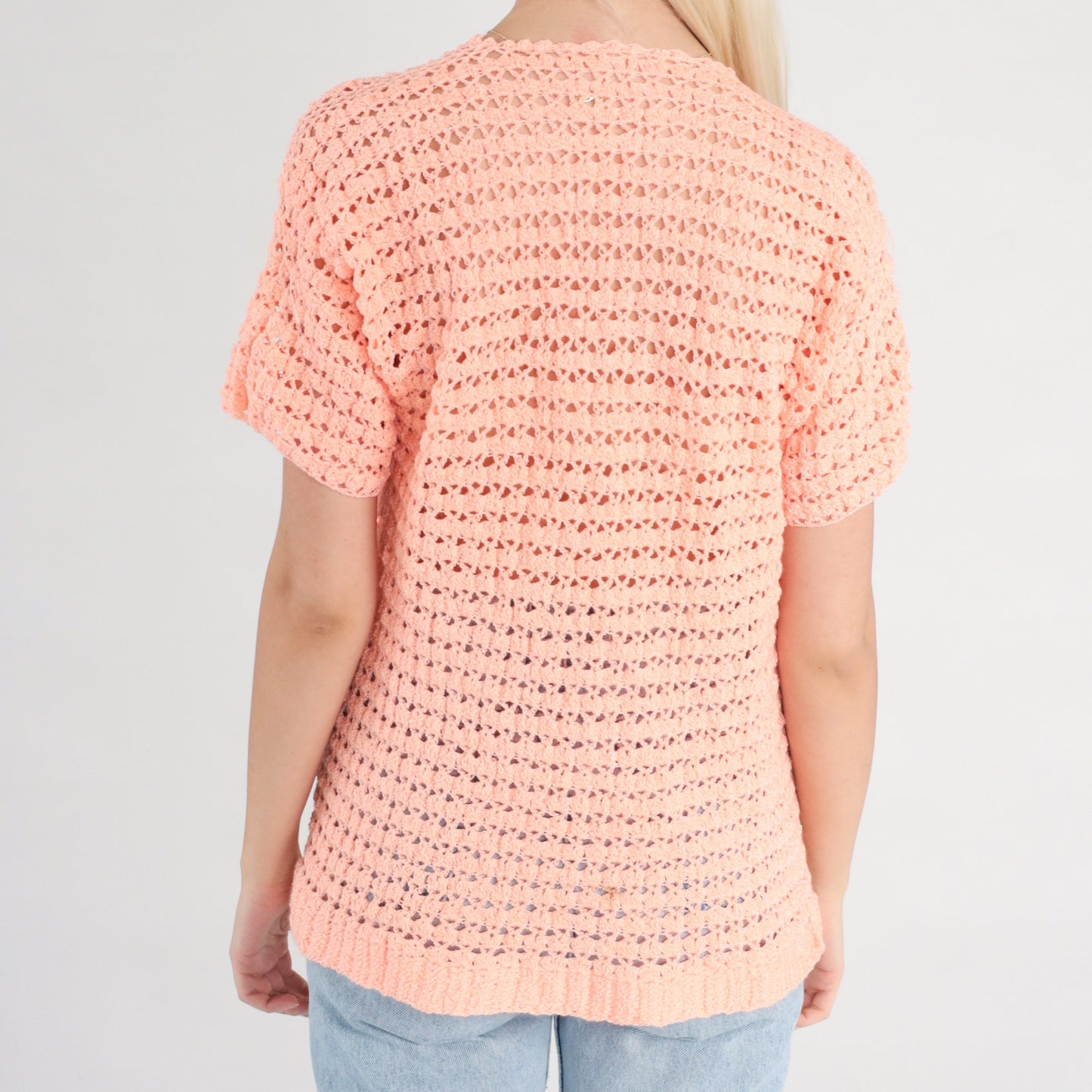 80s Orange Crochet Blouse Peach Open Weave Short Sleeve Small