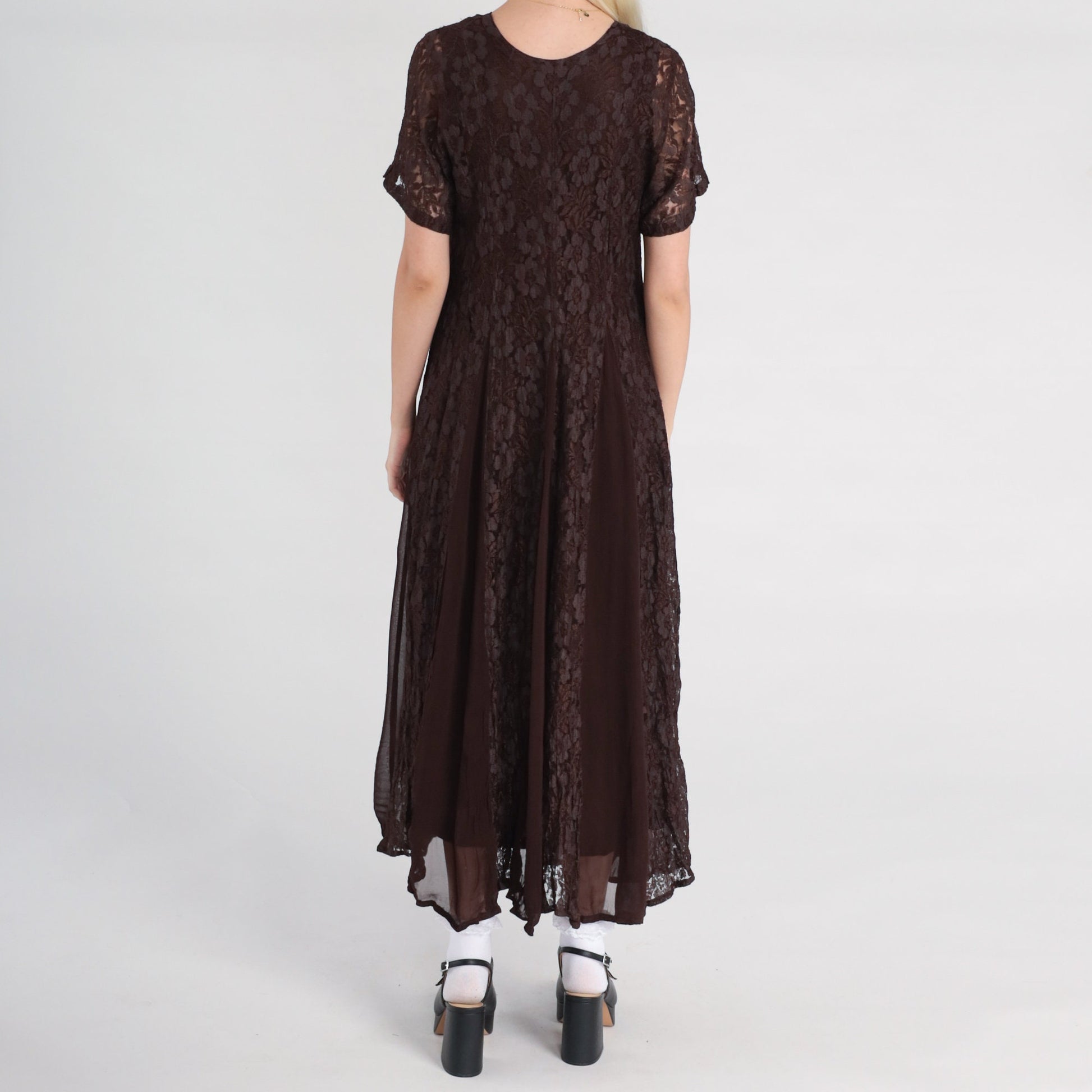 90s Brown Lace Maxi Dress Chiffon Panel V-Neck Short Sleeve Small