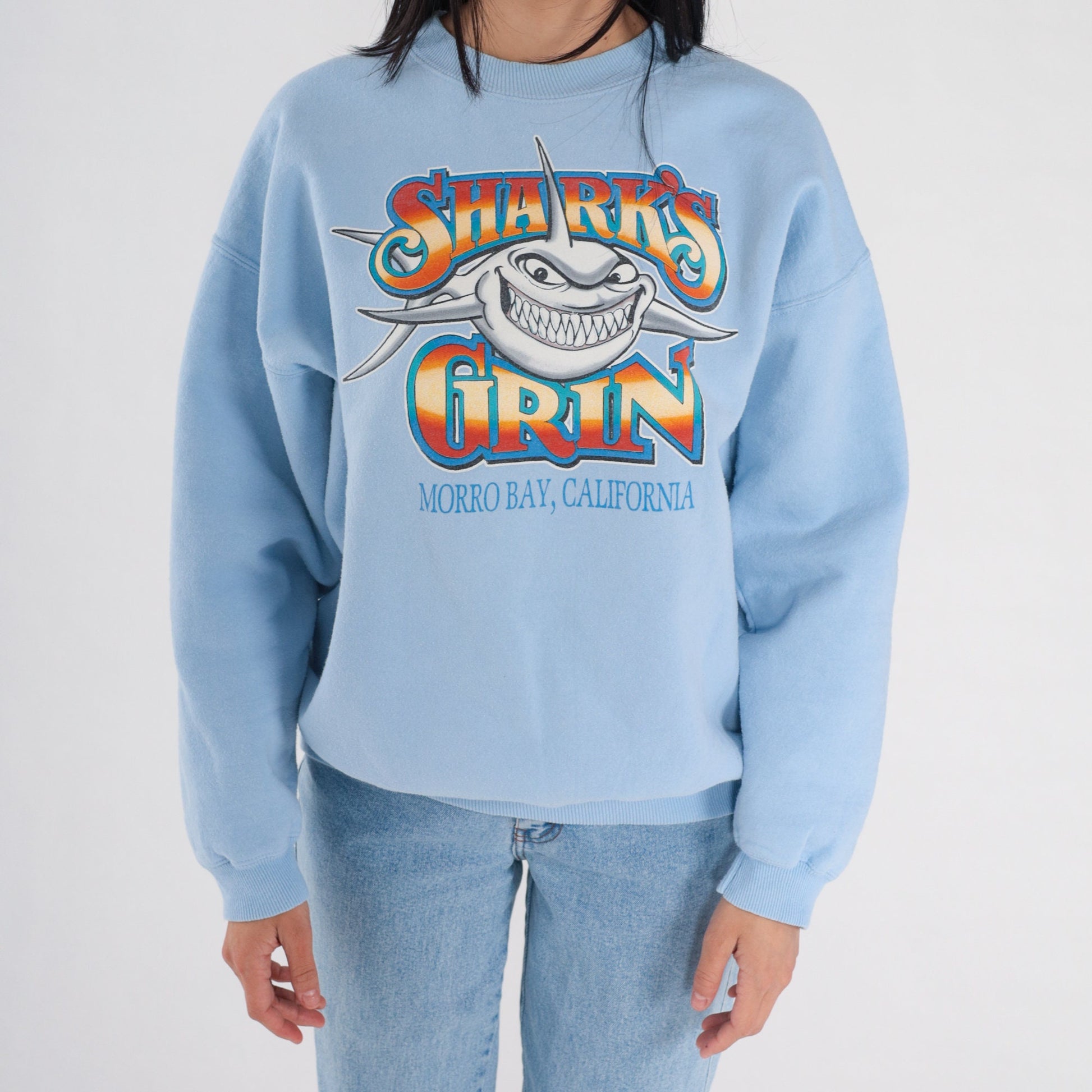 90s Shark's Grin Morro Bay California Sweatshirt Blue Graphic Pullover Large L