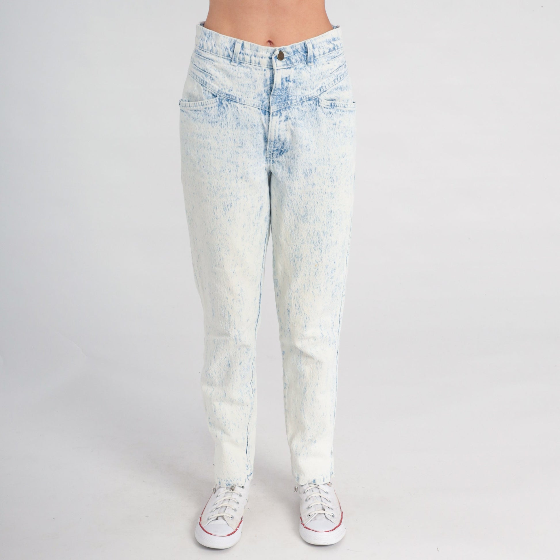 80s Acid Wash High Waist Mom Jeans Blue White Tapered Denim Small 28