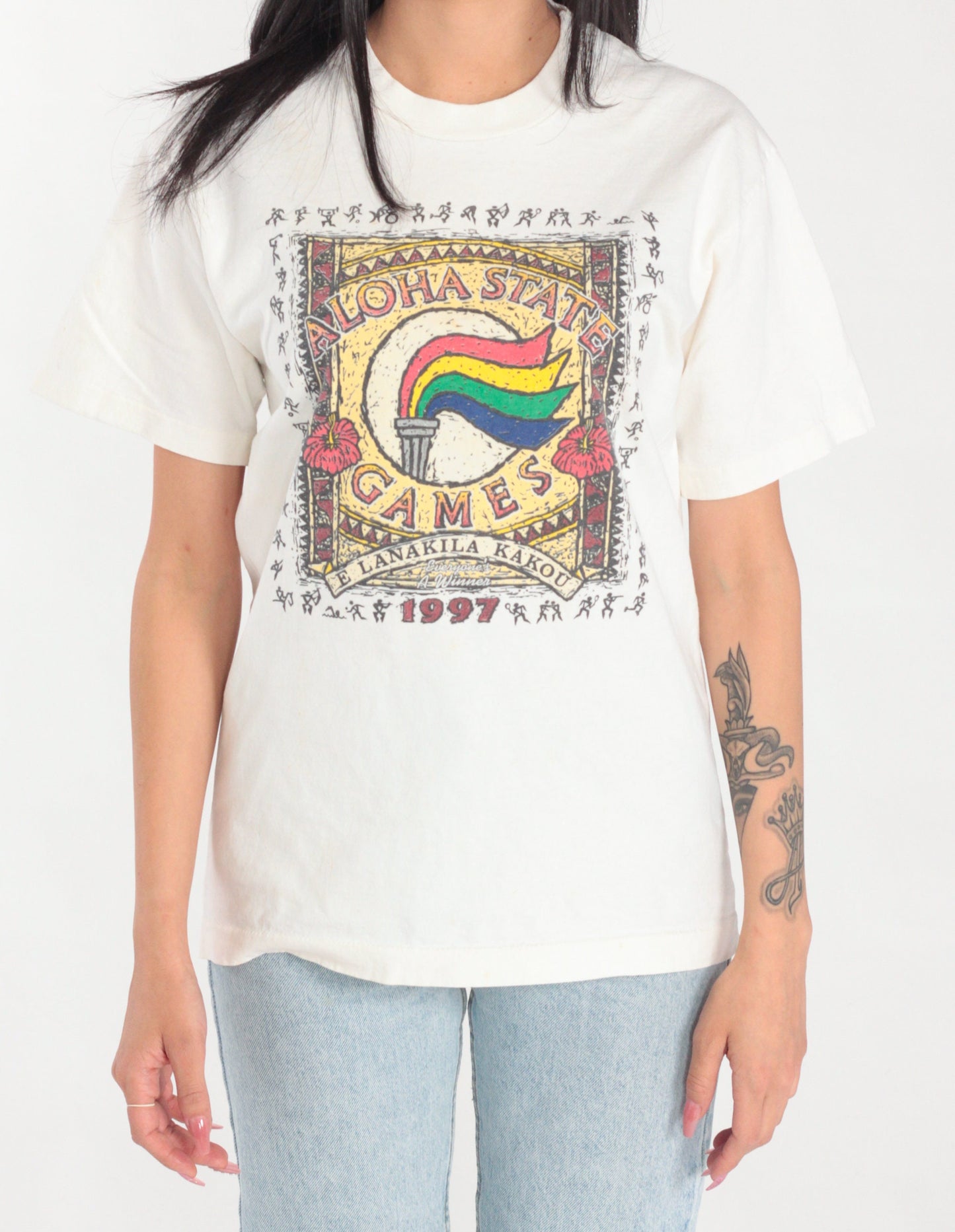 1997 Aloha State Games Hawaii Olympics Graphic T-Shirt White Cotton Medium