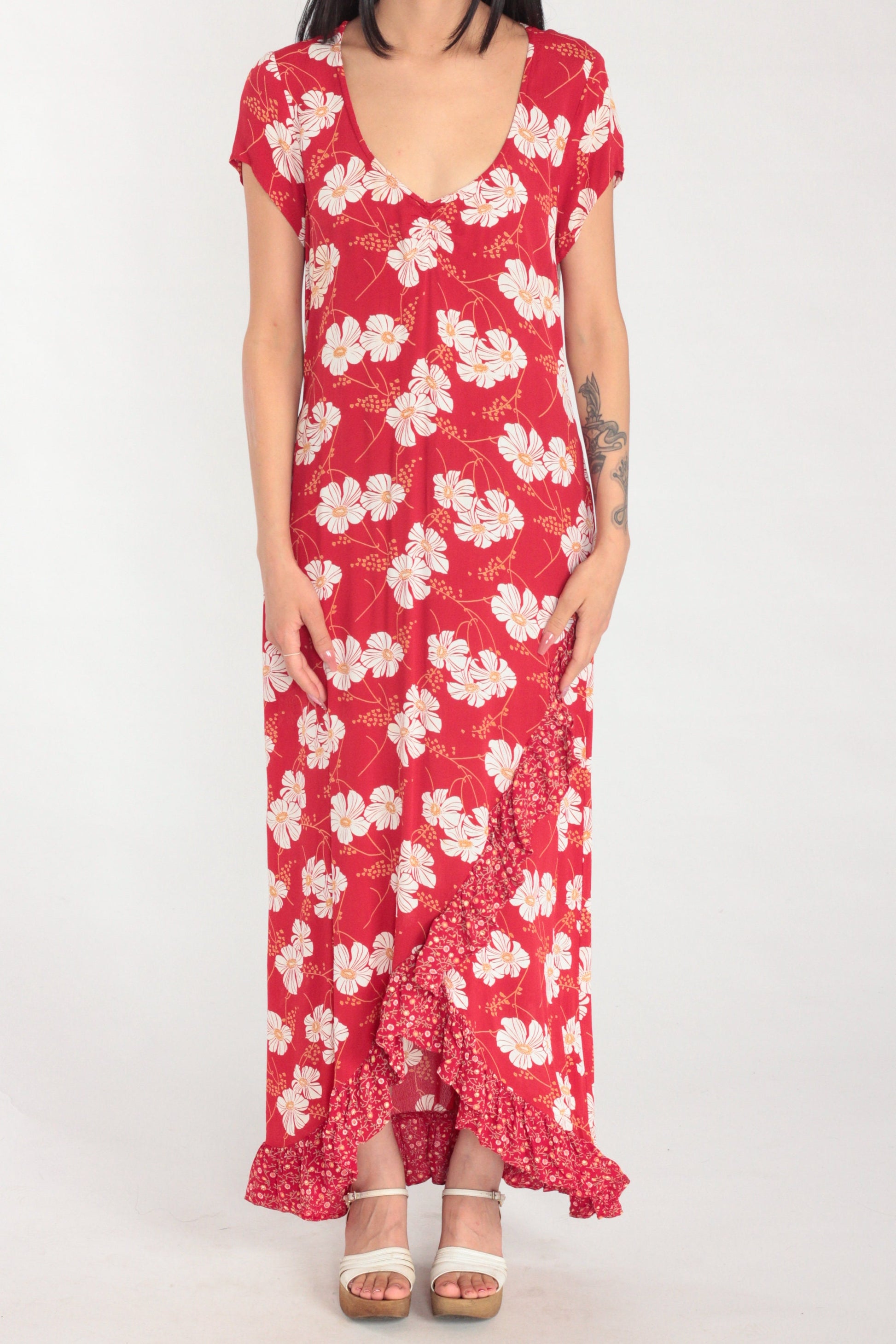 90s Red Floral Maxi Dress White Poppy Print Ruffled V-Neck Short Sleeve Small