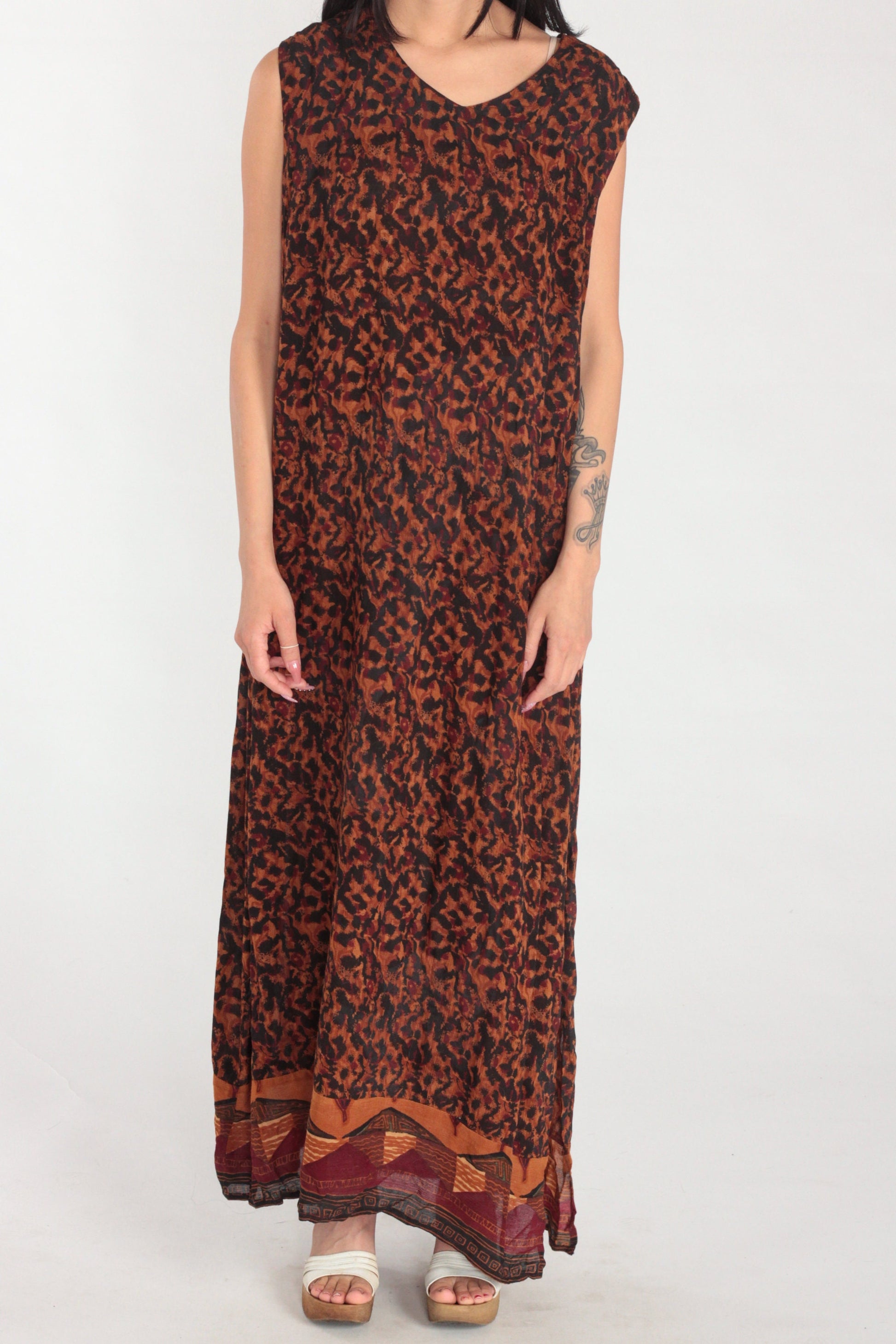 90s Karin Stevens Maxi Dress Sleeveless Orange Black Abstract Animal Print Large