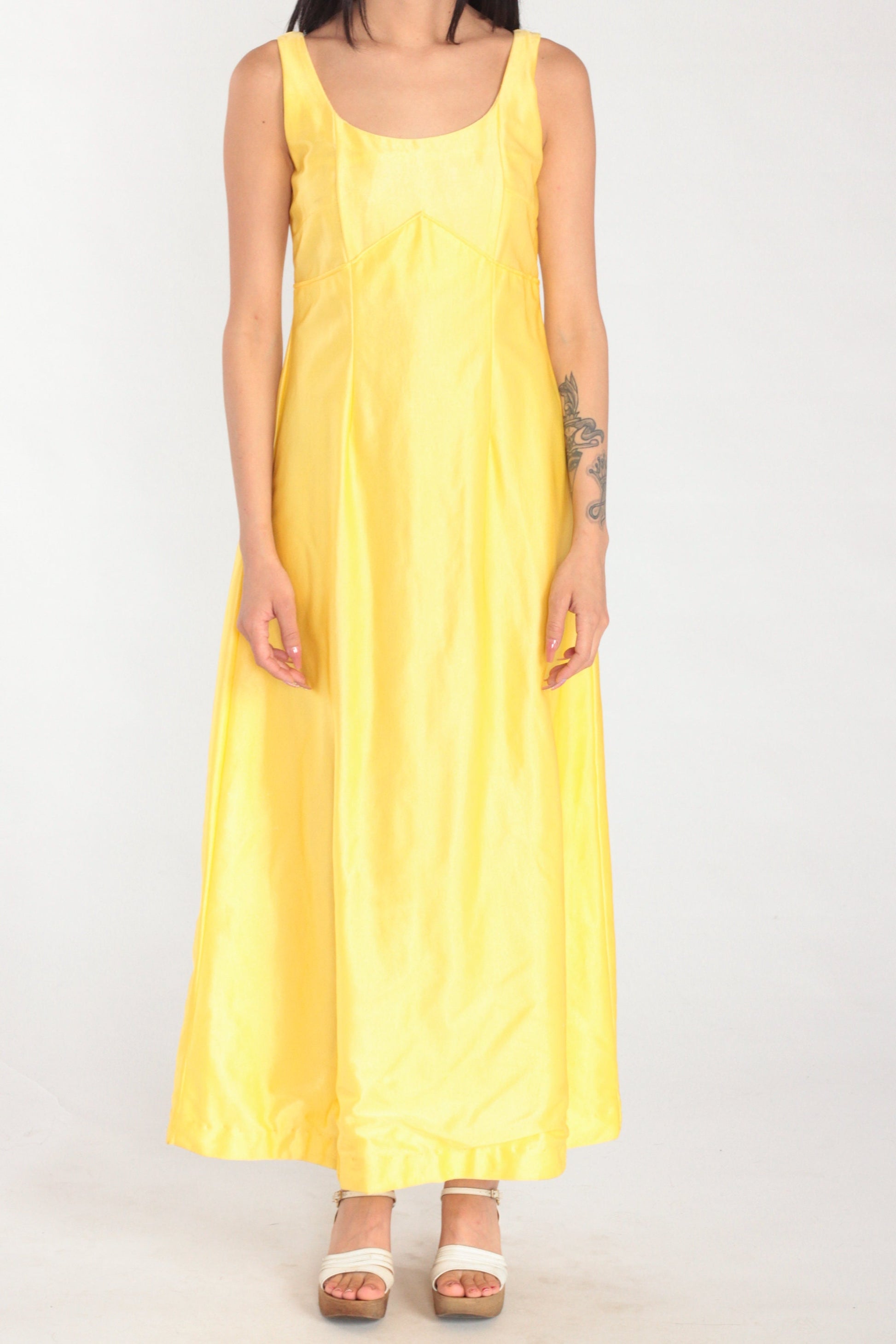 70s Yellow Empire Waist Maxi Dress Sleeveless Ankle Length Small