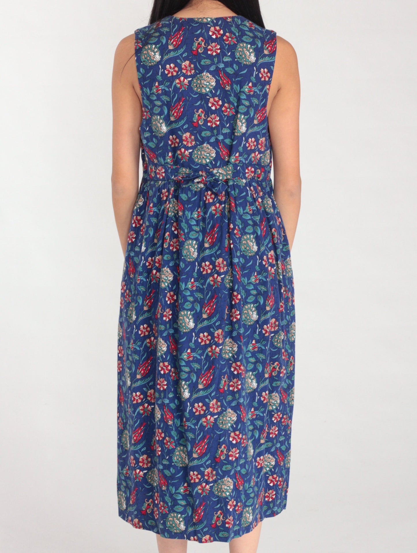 90s Laura Ashley Blue Floral Midi Dress Cotton Wool Blend Sleeveless Small S