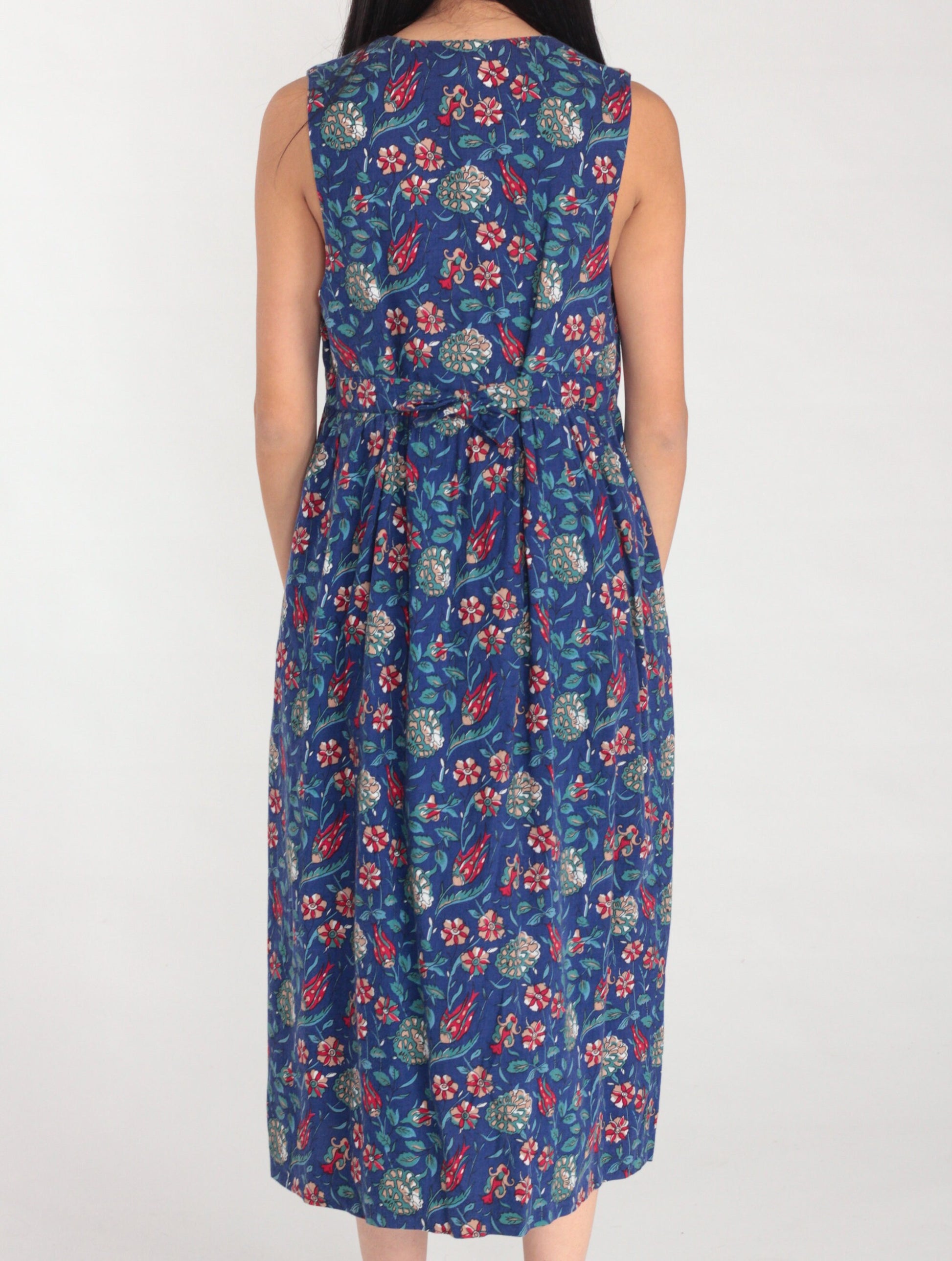90s Laura Ashley Blue Floral Midi Dress Cotton Wool Blend Sleeveless Small S