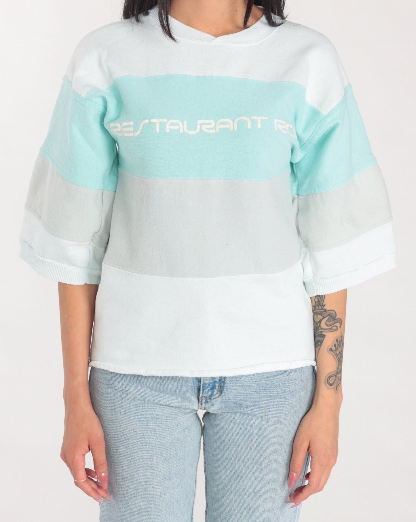 80s Restaurant Row Striped Sweatshirt White Mint Grey Graphic Tee Small