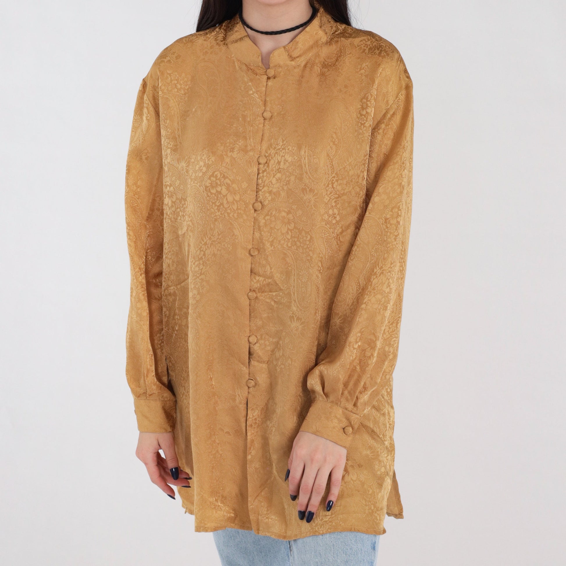 90s Gold Silk Tunic Blouse Embossed Paisley Floral Button-Up Long Sleeve Large L