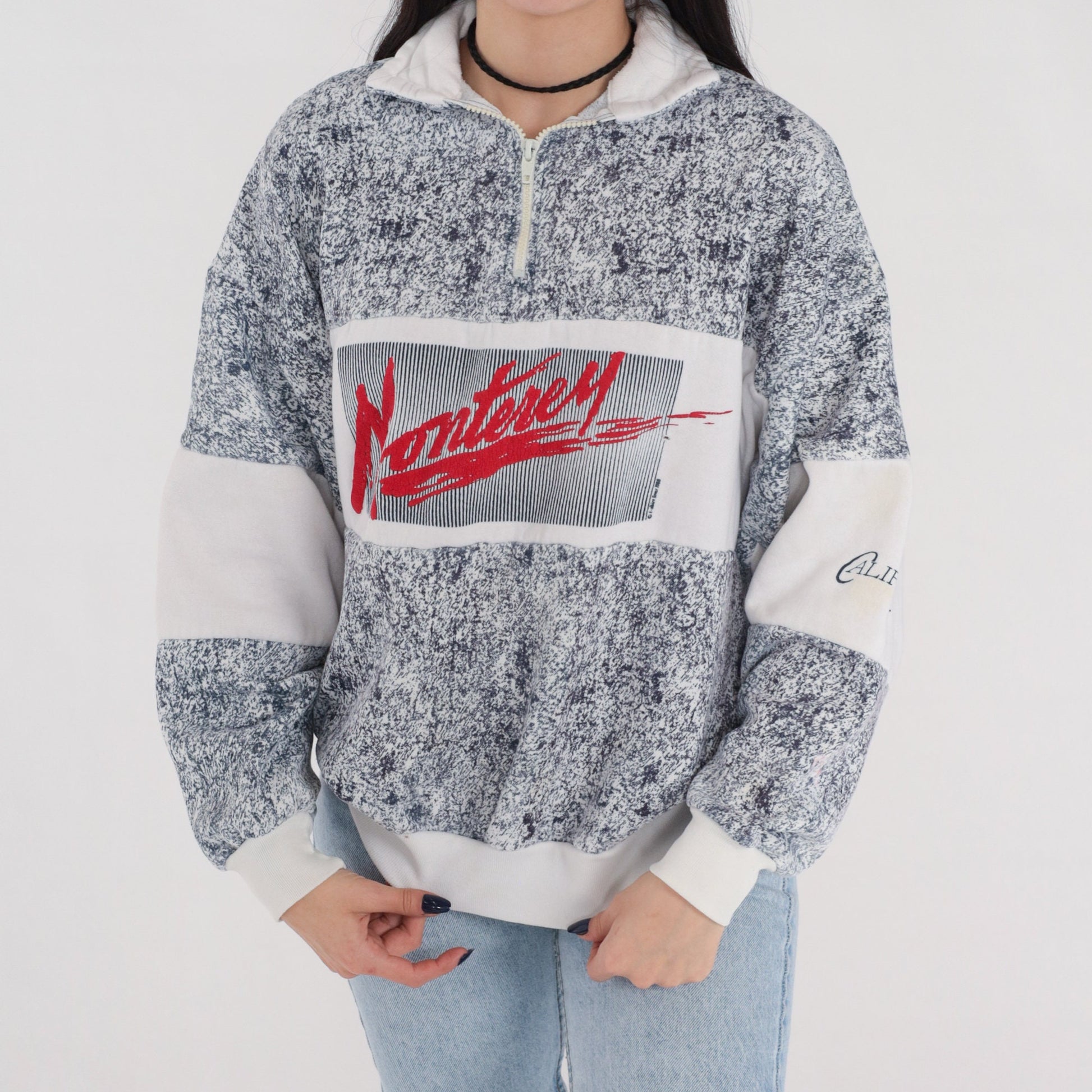 80s Monterey California Quarter Zip Sweatshirt Navy Marble Graphic Large L